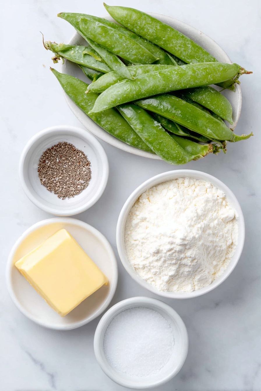Flat lay of fresh green peas still in their pods, a small pat of golden butter resting on a simple white ceramic plate, a small white ceramic bowl filled with smooth white all-purpose flour, a small white ceramic bowl containing coarse sea salt, a small white ceramic bowl with freshly ground black pepper, a small white ceramic bowl of creamy whole milk, and a small white ceramic bowl holding granulated white sugar, all arranged symmetrically with perfect balance, placed on a clean white marble surface, soft natural light, photo taken with an iPhone, professional food photography style, fresh ingredients, white ceramic bowls, no bottles, no duplicates, no utensils, no packaging --ar 2:3 --v 7 --p m7354615311229779997 - Creamed Peas, Creamed Peas Recipe, easy creamed peas, creamy vegetable side dish, quick pea side dish