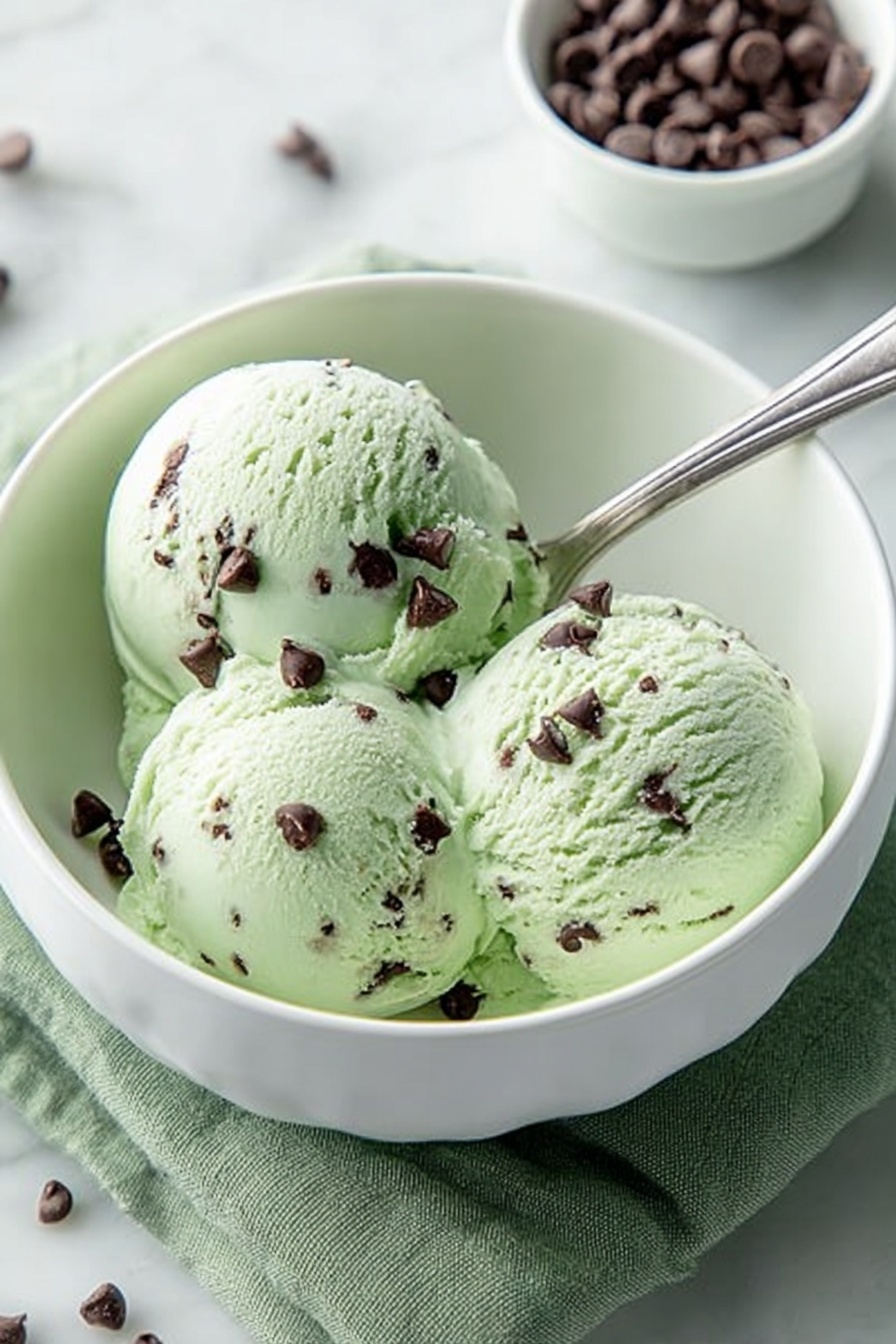 A white bowl holds three round scoops of light green ice cream speckled with small, dark chocolate chips. The ice cream has a smooth, creamy texture with a few chips on top. A silver spoon rests inside the bowl, touching the ice cream at the back. The bowl sits on a folded green cloth on a white marbled surface, with a small white bowl of chocolate chips blurred in the background. photo taken with an iphone --ar 2:3 --v 7 - Mint Chocolate Chip Ice Cream, homemade mint ice cream, how to make mint chocolate chip ice cream, easy mint ice cream recipe, dairy-free mint ice cream
