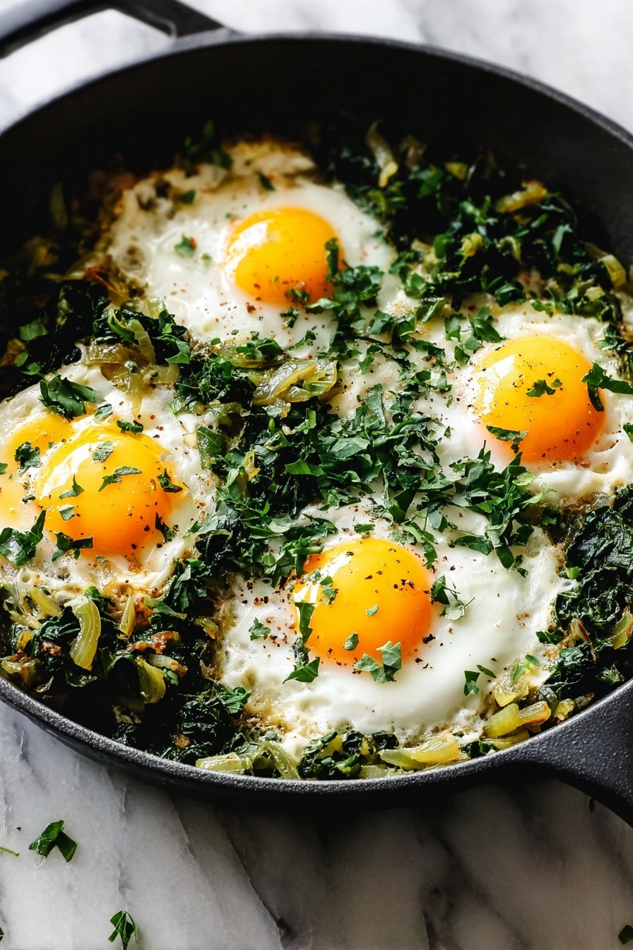 A black skillet filled with three cooked eggs, each having bright yellow yolks surrounded by white cooked egg whites. The eggs sit on a bed of cooked green leafy vegetables mixed with small pieces of light brown onions, sprinkled with fresh chopped green herbs. The skillet is placed on a surface with a white marbled texture. photo taken with an iphone --ar 2:3 --v 7 - Healthy Green Shakshuka with Brussels Sprouts, vegetarian shakshuka recipe, nutritious breakfast ideas, easy veggie shakshuka, green shakshuka for brunch