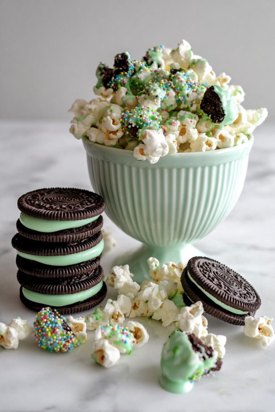 A white fluted cup filled with white popcorn mixed with dark chocolate cookie pieces that have light green cream inside, topped with light green drizzled sauce and colorful round sprinkles. Next to the cup is a neat stack of five dark chocolate cookies with light green cream sandwiched inside. In front of the cup, there are scattered popcorn pieces coated with the same light green drizzle and sprinkles, along with broken cookie bits. The scene is on a white marbled surface. Photo taken with an iphone --ar 2:3 --v 7 - Mint Chocolate Popcorn, Mint Chocolate Snack, Easy Mint Popcorn, Chocolate Mint Treat, Festive Snack Ideas