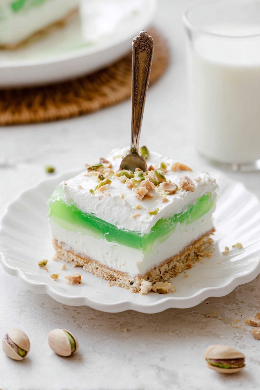 A square slice of layered dessert sits on a white scalloped plate placed on a white marbled surface. The dessert has four layers: at the bottom is a crumbly beige crust, above it a thick white creamy layer, then a bright green jelly-like layer, and on top a thick white whipped cream layer sprinkled with small pieces of chopped nuts. A wooden and metal fork is inserted into the dessert, standing upright and slightly cutting into the green layer. Three empty pistachio shells and one whole pistachio are scattered nearby. In the background, a blurred white plate with the rest of the dessert and a glass of milk on a wicker coaster are visible. photo taken with an iphone --ar 2:3 --v 7 - Layered Pistachio Dessert, pistachio dessert, no-bake pistachio treat, festive pistachio layered dessert, easy pistachio layered dessert
