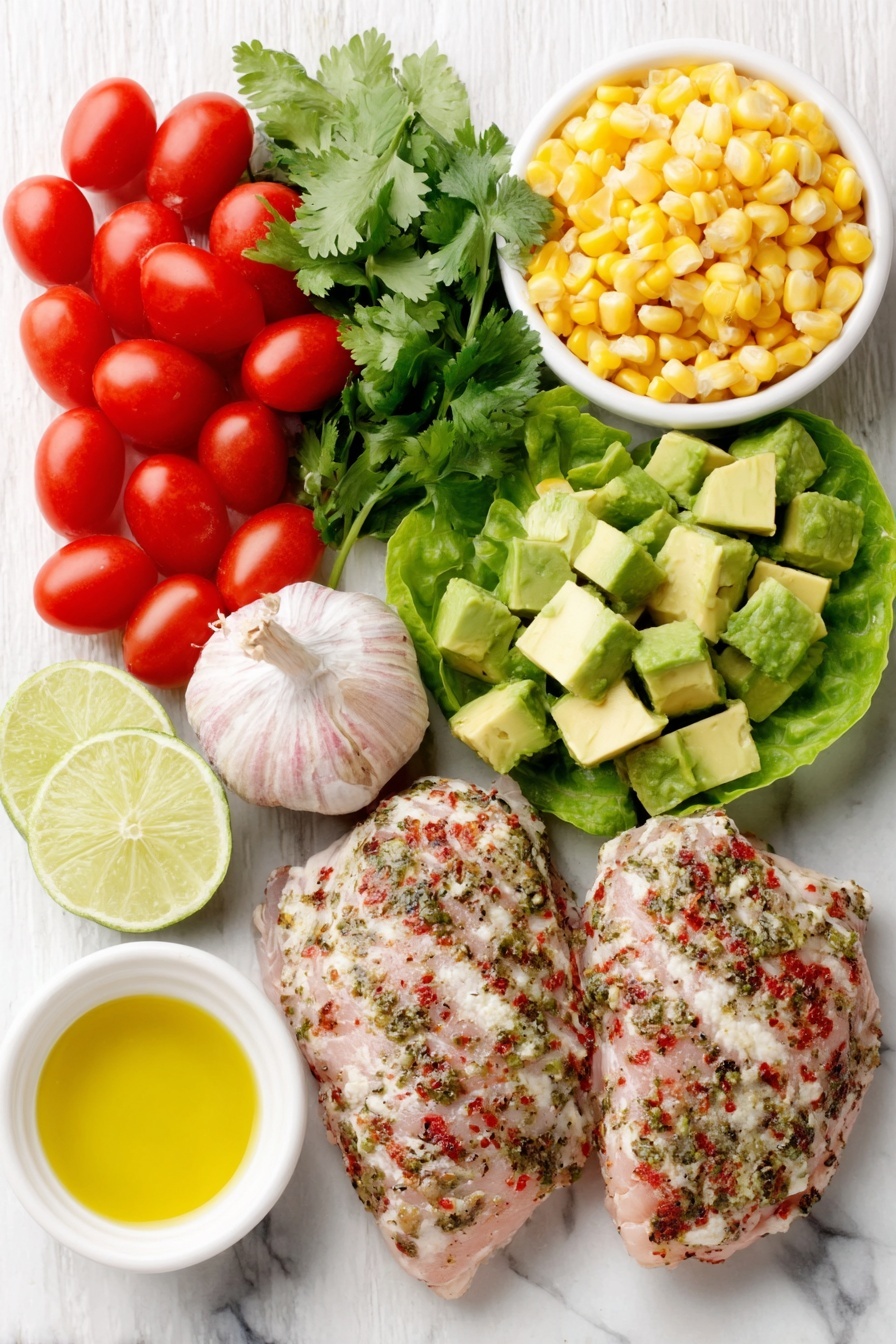 Flat lay of two small raw chicken breasts with a light herb and spice coating, one ripe avocado cut into chunky dice, a handful of bright red cherry tomatoes halved, fresh golden corn kernels, half a finely chopped red onion, a bunch of vibrant green coriander leaves, several crisp romaine lettuce leaves torn into bite-sized pieces, a small white ceramic bowl with fresh lime juice, a small white ceramic bowl of golden olive oil, a small white ceramic bowl of honey, and a peeled whole garlic clove placed on a clean white marble surface, soft natural light, photo taken with an iPhone, professional food photography style, fresh ingredients, white ceramic bowls, no bottles, no duplicates, no utensils, no packaging --ar 2:3 --v 7 --p m7354615311229779997 - Mexican Chicken and Avocado Salad, healthy Mexican chicken salad, easy Mexican chicken recipes, vibrant lunch salads, fresh avocado chicken dish