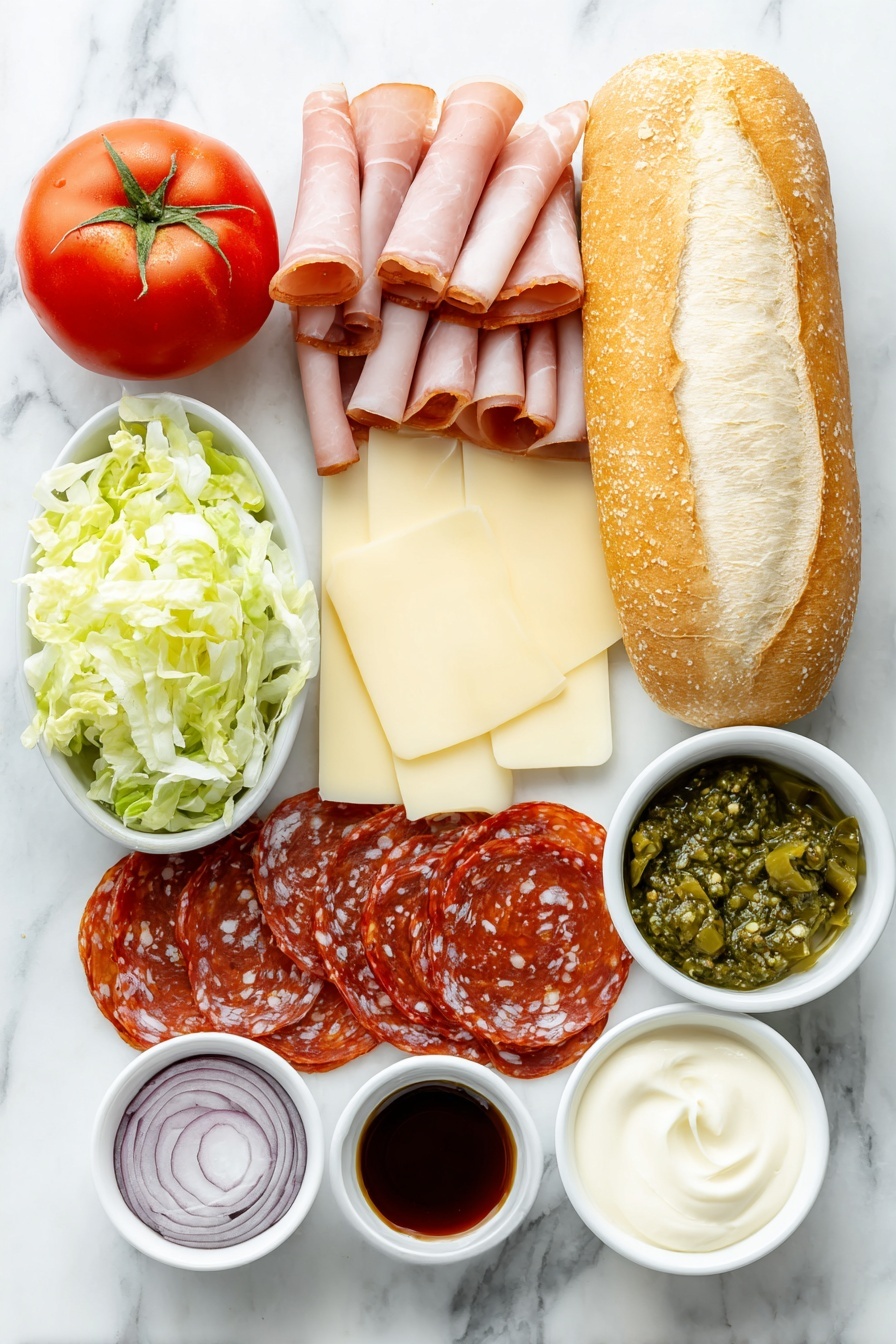 Flat lay of a sliced Roma tomato with bright red flesh and seeds, thinly sliced half of a small red onion showing translucent purple rings, several slices of Black Forest ham with marbled pink and white texture, thin slices of pale yellow provolone cheese, a few slices of reddish Genoa salami with white fat specks, thin slices of deep red hot soppressata pepperoni, a small pile of shredded fresh romaine lettuce with crisp green leaves, a few slices of glossy roasted red peppers, a handful of sliced green peperoncini peppers, a small white ceramic bowl filled with creamy pale mayonnaise, another small white bowl with vibrant green homemade pesto, a third small white bowl containing deep red wine vinegar, a scattering of coarse kosher salt crystals and freshly ground black peppercorns next to a halved toasted 10-inch ciabatta roll showing its airy crumb, all arranged in perfect symmetry with balanced proportions on a clean white marble surface, soft natural light, photo taken with an iPhone, professional food photography style, fresh ingredients, white ceramic bowls, no bottles, no duplicates, no utensils, no packaging --ar 2:3 --v 7 --p m7354615311229779997 - Italian Chopped Sandwich with Pesto, Italian sandwich recipes, pesto sandwich ideas, quick Italian lunch, flavorful sandwich recipes