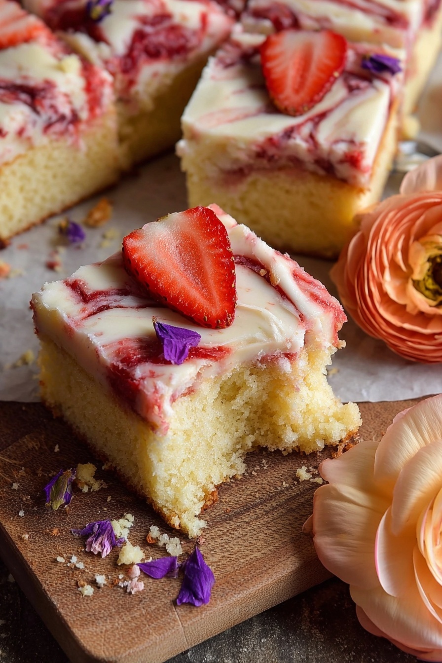 The image shows square pieces of a light yellow sponge cake topped with a creamy white frosting mixed with red swirls, giving a marbled effect. Fresh red strawberry slices are placed on top of the frosting, along with small purple flower petals scattered around. The cake pieces are on a wooden board with some crumbs around and a large peach-colored flower nearby. The texture of the cake looks soft and fluffy, and one piece is slightly separated showing the inside. photo taken with an iphone --ar 2:3 --v 7 - Strawberry Rose Cake, Elegant strawberry cake with rose water, Fresh strawberry dessert recipe, Light and fluffy rose-infused cake, Summer berry cake ideas