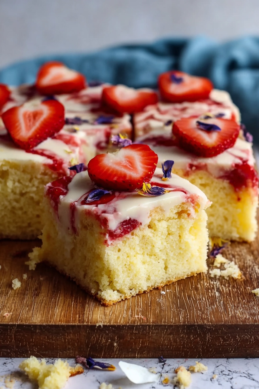 This image shows several square pieces of light yellow sponge cake arranged closely on a wooden board. Each square has a smooth layer of white icing on top, covered with streaks of red strawberry sauce. Fresh strawberry slices, bright red with visible seeds, crown the icing on each piece along with small, dark purple flower petals scattered on top. The cake looks soft and moist, with some crumbs lost around the board and a few pieces removed, revealing the fluffy inside. The background has a soft white marbled texture with a blurred blue cloth behind the cake. photo taken with an iphone --ar 2:3 --v 7 - Strawberry Rose Cake, Elegant strawberry cake with rose water, Fresh strawberry dessert recipe, Light and fluffy rose-infused cake, Summer berry cake ideas