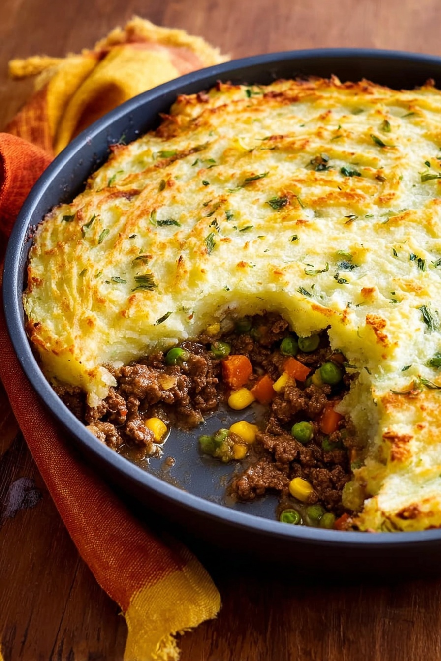 A round black pan contains a layered shepherd's pie with the top layer of mashed potatoes showing a golden-brown baked crust with some green herbs mixed in and lightly browned spots all over. The middle layer is rich ground meat cooked with small pieces of mixed vegetables like green peas, orange carrots, and yellow corn. One portion is scooped out, revealing the layers clearly inside the pan. The pan sits on a wooden surface with a yellow and orange kitchen cloth nearby. Photo taken with an iphone --ar 2:3 --v 7 - Irish Shepherd’s Pie with Colcannon Topping, Irish Shepherd’s Pie, hearty Irish casserole, comfort food recipes, traditional Irish dishes