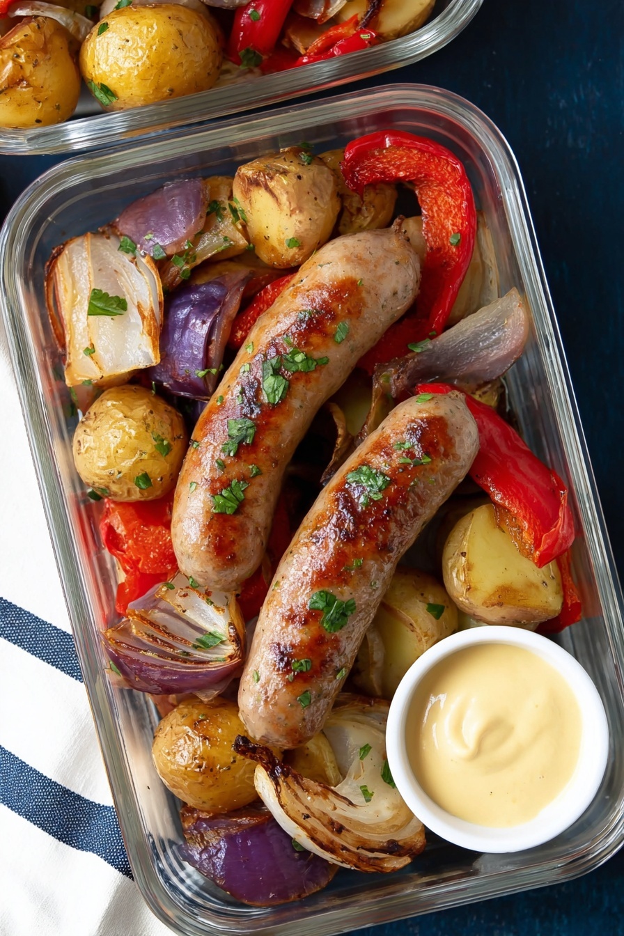 The image shows a white rectangular glass container filled with two grilled sausages placed on top. Underneath the sausages, there are several golden roasted small potatoes, soft cooked white and purple onion pieces, and chunks of roasted red pepper. A small white round container with creamy pale yellow mustard sauce is placed near the bottom right inside the glass container. The sausages have a slightly browned texture with some green herbs sprinkled on top. The background features a dark blue surface and a white cloth with navy stripes nearby. Photo taken with an iphone --ar 2:3 --v 7 - Oven-Roasted Sausage and Potatoes, Roasted sausage and potatoes, Easy sausage and potato dinner, One-pan sausage and potatoes, Simple oven roasted sausage dish