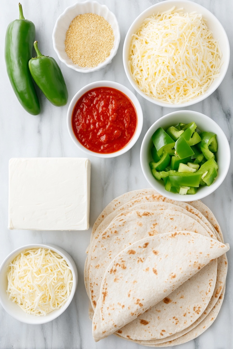Flat lay of a small block of cream cheese at room temperature, a small white ceramic bowl filled with golden breadcrumbs, a small white ceramic bowl with bright red hot sauce, half of a red bell pepper chopped into pieces, half of a green bell pepper chopped into pieces, one fresh jalapeno pepper chopped, three whole ancient grain whole wheat tortillas stacked neatly, a small white ceramic bowl filled with shredded cheddar cheese, all ingredients arranged symmetrically in perfect proportions, placed on a clean white marble surface, soft natural light, photo taken with an iPhone, professional food photography style, fresh ingredients, white ceramic bowls, no bottles, no duplicates, no utensils, no packaging --ar 2:3 --v 7 --p m7354615311229779997 - Spicy Cheesy Cream Cheese Antojitos, cheesy appetizer with jalapeños, spicy baked tortillas, quick party snacks, creamy cheesy Mexican appetizers
