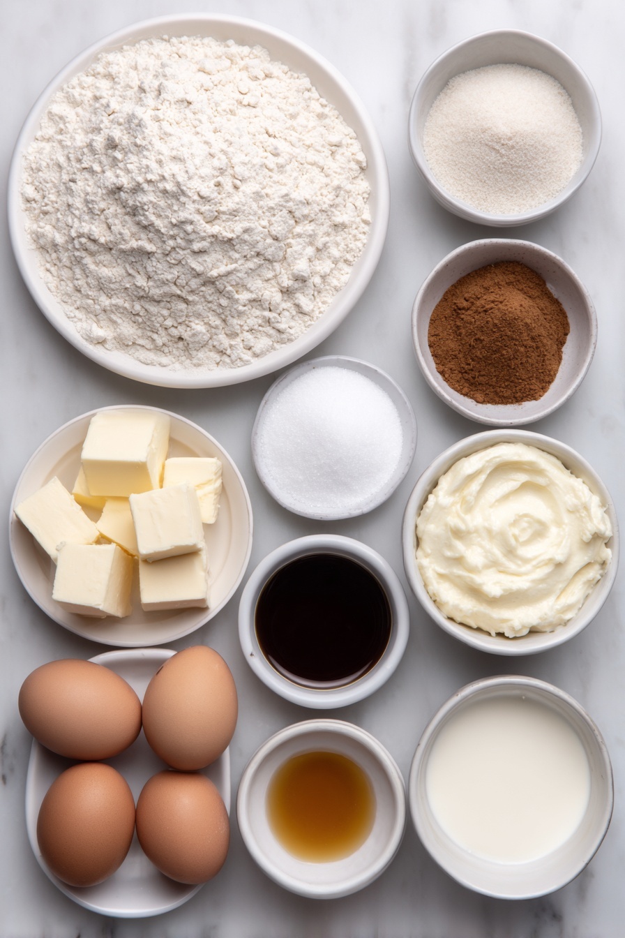 Flat lay of a small mound of all purpose flour on a white ceramic plate, a neat pile of ground pumpkin pie spice on a small white bowl, a small white bowl with baking powder, a tiny white bowl with baking soda, a pinch of salt arranged on a white ceramic dish, a few cubes of softened unsalted butter on a simple white ceramic plate, a small heap of granulated white sugar on a white ceramic bowl, two whole uncracked brown eggs, a small white bowl filled with vanilla extract, a small white bowl holding buttermilk, a small white bowl with smooth canned pumpkin puree, a small white bowl filled with powdered sugar, a small white bowl containing amber-colored maple syrup, placed on a clean white marble surface, soft natural light, photo taken with an iPhone, professional food photography style, fresh ingredients, white ceramic bowls, no bottles, no duplicates, no utensils, no packaging --ar 2:3 --v 7 --p m7354615311229779997 - Pumpkin Spice Donuts with Maple Glaze, pumpkin spice donuts, fall donut recipes, easy pumpkin donuts, homemade pumpkin donuts with glaze