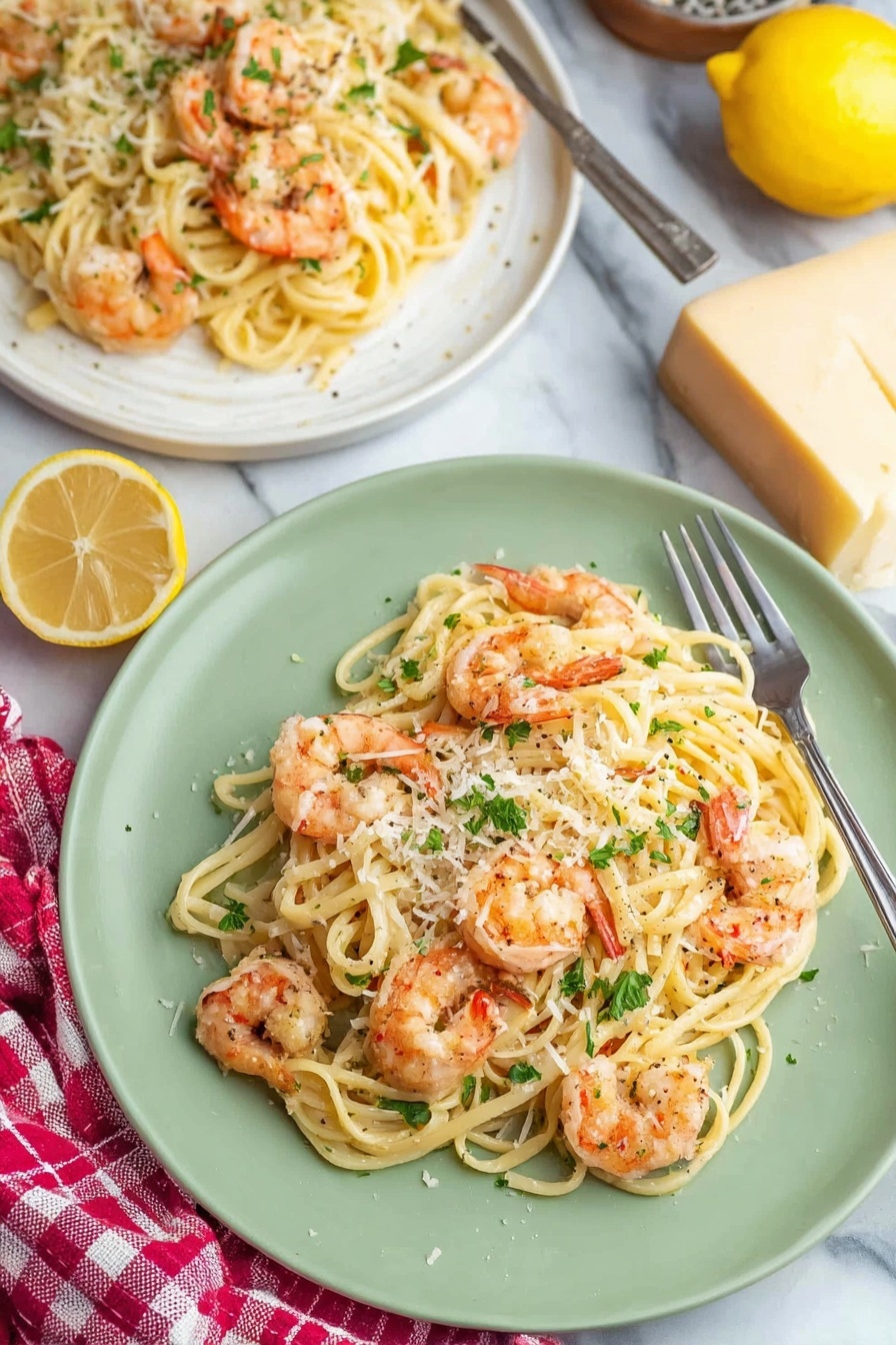 The image shows two plates of shrimp pasta on a white marbled surface. The plate in the foreground is a pale green with a slightly textured surface, filled with spaghetti pasta mixed with several pink-orange shrimp evenly spread on top. The pasta is coated lightly with a creamy sauce, sprinkled with small bits of chopped green parsley, shredded white cheese, and black pepper flakes. To the upper left corner, a white plate holds a similar serving of shrimp pasta. Nearby, there are two lemon halves placed to the left on the marble, and a large wedge of yellowish cheese is placed to the upper right. A silver fork rests on the right side of the green plate, and a red and white checkered cloth is draped along the left side. Photo taken with an iphone --ar 2:3 --v 7 - Baked Shrimp Scampi with Pasta, shrimp scampi baked dish, quick seafood pasta recipe, easy shrimp pasta dinner, garlicky baked shrimp and pasta