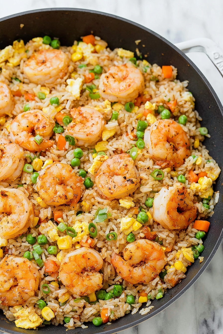 The image shows a skillet filled with shrimp fried rice. The base layer is light brown cooked rice mixed with small pieces of scrambled egg. Scattered evenly on top are orange shrimp, each lightly seasoned with visible black pepper. Mixed throughout the rice are small green peas, bright yellow corn kernels, and tiny orange carrot cubes. The dish is garnished with small chopped green onions. The skillet sits on a white marbled surface. Photo taken with an iphone --ar 2:3 --v 7 - Homemade Shrimp Fried Rice, shrimp fried rice recipe, easy shrimp fried rice, quick stir-fry recipes, homemade Asian fried rice
