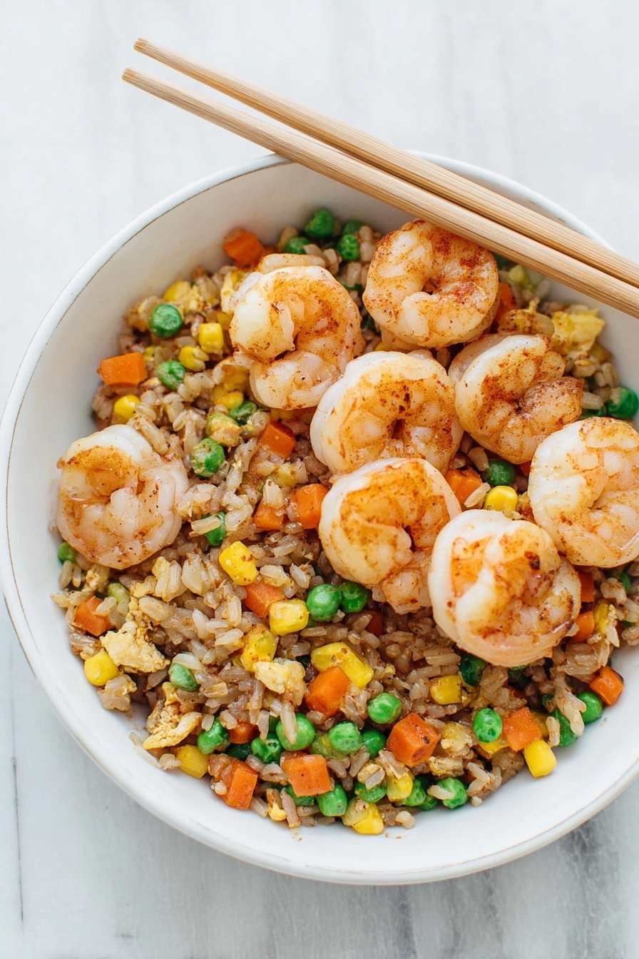 A white bowl holds a dish of fried rice layered with colorful vegetables and shrimp. The bottom layer is a mix of brown rice, small orange carrot cubes, bright green peas, and yellow corn kernels, all cooked together with bits of scrambled egg. On top, six lightly seasoned shrimp are arranged evenly, their pale orange and white colors contrasting with the rice. A pair of light wood chopsticks rests on the bowl’s edge, with one shrimp skewered near the tips. The scene is set on a white marbled surface. photo taken with an iphone --ar 2:3 --v 7 - Homemade Shrimp Fried Rice, shrimp fried rice recipe, easy shrimp fried rice, quick stir-fry recipes, homemade Asian fried rice