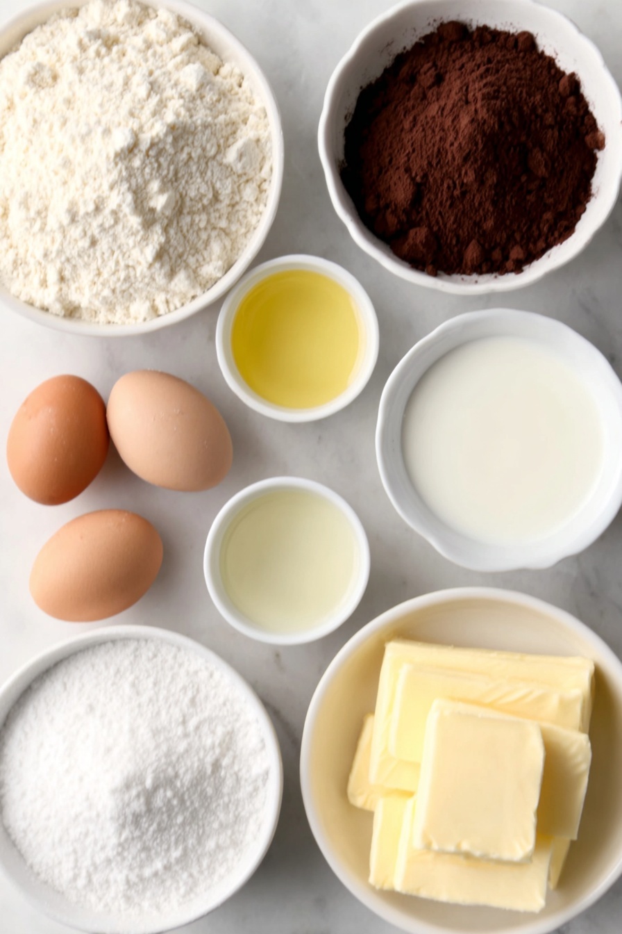 Flat lay of a small mound of all-purpose flour, a heap of granulated sugar, a small pile of unsweetened cocoa powder, a small white bowl of baking powder, a small white bowl of baking soda, a pinch of kosher salt on white ceramic, a small white bowl of whole milk, two brown eggs with clean shells, a small white bowl of vegetable oil, a small white bowl of vanilla extract, a small white bowl of boiling water, a few sticks of unsalted butter at room temperature, a small white bowl of powdered sugar, all arranged symmetrically on a simple white ceramic surface, placed on a clean white marble surface, soft natural light, photo taken with an iPhone, professional food photography style, fresh ingredients, white ceramic bowls, no bottles, no duplicates, no utensils, no packaging --ar 2:3 --v 7 --p m7354615311229779997 - Ultimate Chocolate Cake, moist chocolate cake, rich chocolate dessert, homemade chocolate cake, easy chocolate cake recipe