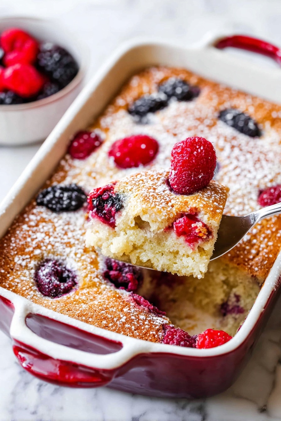 A golden brown baked dessert fills a white rectangular baking dish with red handles, lightly dusted with white powdered sugar. The top layer is soft and spongy with embedded whole raspberries and blackberries showing red and dark purple colors. A silver fork lifts a piece from one corner, revealing a light beige, moist inside that contains more red raspberries. The dish rests on a white marbled surface photo taken with an iphone --ar 2:3 --v 7 - Baked Oats with Berries, healthy breakfast recipes, quick breakfast ideas, wholesome oat bake, berry oatmeal bake