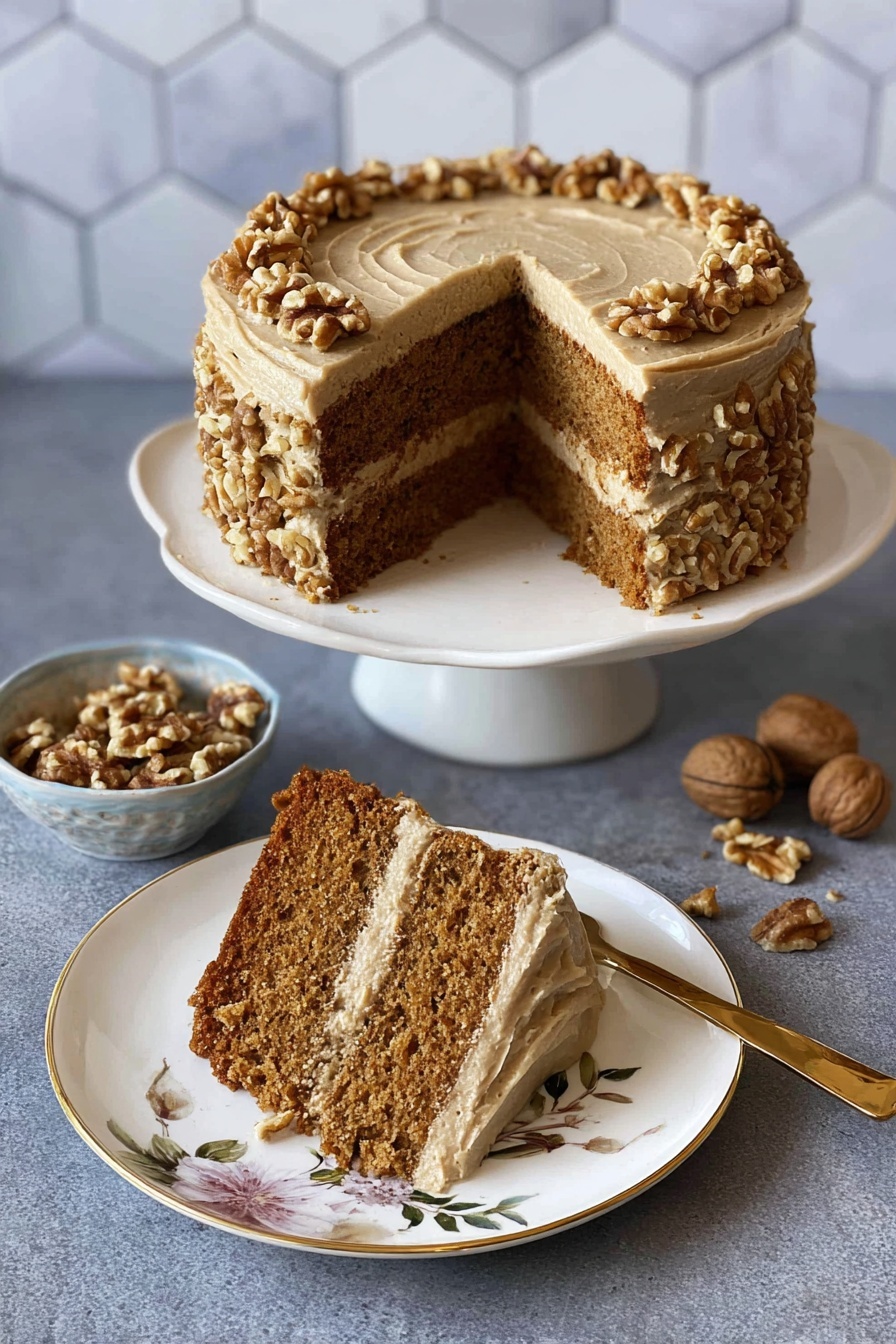 A slice of two-layer brown cake with a thick layer of light brown frosting in between and covering the outside. The frosting is smooth with some chopped walnuts pressed on the left side of the cake slice. The cake is moist with small bits of walnuts inside. It sits on a white plate with a delicate floral pattern and a thin gold rim, next to a golden fork. The background has a white marbled texture with some whole walnuts to the left and a clear glass object behind. Photo taken with an iphone --ar 2:3 --v 7 - Coffee Walnut Cake with Fluffy Frosting, walnut coffee cake, easy coffee cake recipe, moist walnut cake, fluffy frosting cake