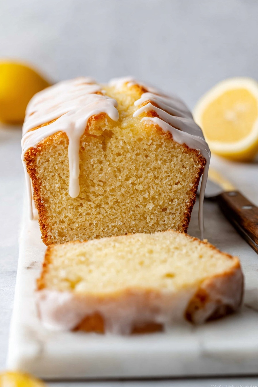A slice of light golden yellow lemon loaf cake with a soft, moist texture sits on a white marbled board, while the rest of the loaf remains upright behind it. The cake is covered with a smooth, white glaze that drips slightly down the sides. There is a half lemon blurred softly in the background, and a knife with a wooden handle rests on the right side. The scene has a clean, fresh look with a white marbled surface and a soft, pale background. Photo taken with an iphone --ar 2:3 --v 7 - Iced Lemon Pound Cake, Lemon Pound Cake, citrus dessert, easy lemon cake, moist pound cake