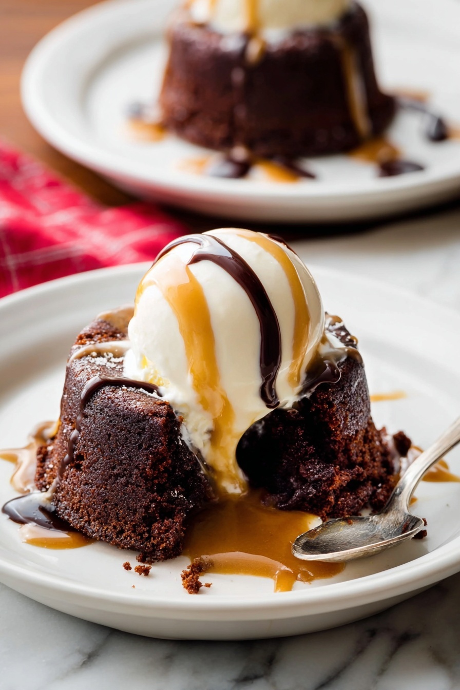 The image shows a dessert on a white plate placed on a white marbled surface. The dessert has two main layers: the bottom is a rich, dark brown chocolate cake with a moist texture, and on top sits a scoop of smooth, creamy vanilla ice cream. The ice cream is drizzled with light brown caramel sauce and dark brown chocolate sauce. The cake is partially opened on one side, revealing a melted caramel center flowing onto the plate. In the background, there is another white plate with the same dessert, slightly blurred. A spoon with some chocolate cake rests beside the front plate. photo taken with an iphone --ar 2:3 --v 7 - Peanut Butter Chocolate Lava Cakes, molten chocolate peanut butter desserts, easy molten lava cake recipe, decadent peanut butter chocolate cake, quick chocolate lava dessert