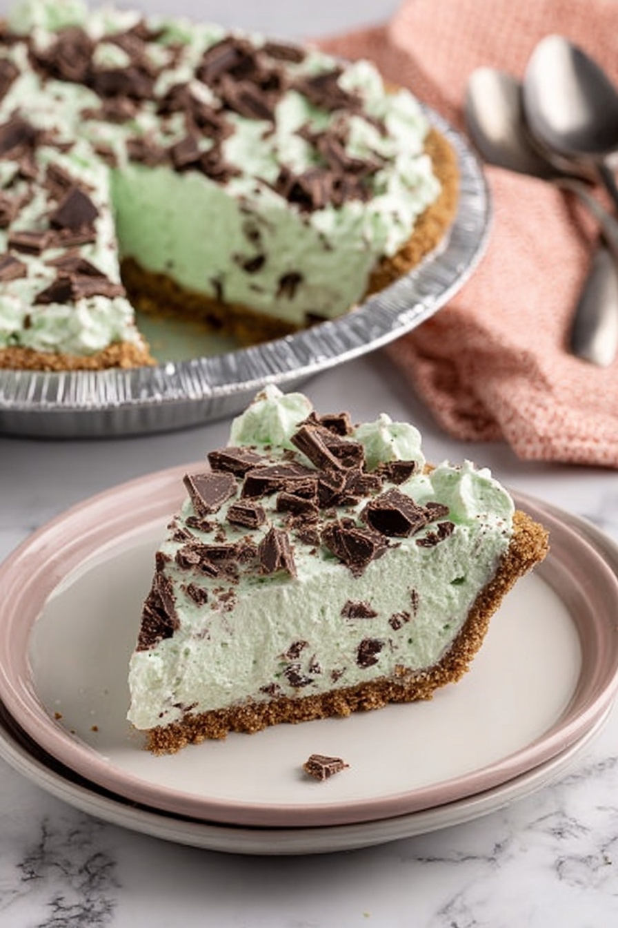 The image shows a slice of mint chocolate pie on a white plate with a soft pink rim, placed on a white marbled surface. The pie has three visible layers: a light brown crumbly crust at the bottom, a thick middle layer of pale green mint cream mixed with small dark chocolate bits, and a top layer of light green whipped cream covered with larger chunks of chocolate scattered unevenly. In the background, a larger pie with the same three layers and chocolate pieces is visible in a silver pie tin. To the side, there is a soft peach cloth, and on the right, an extra plate with two spoons rests on the white marbled surface. photo taken with an iphone --ar 2:3 --v 7 - Mint Chocolate Grasshopper Pie, mint chocolate pie, no-bake mint dessert, chocolate mint pie recipe, easy mint chocolate dessert