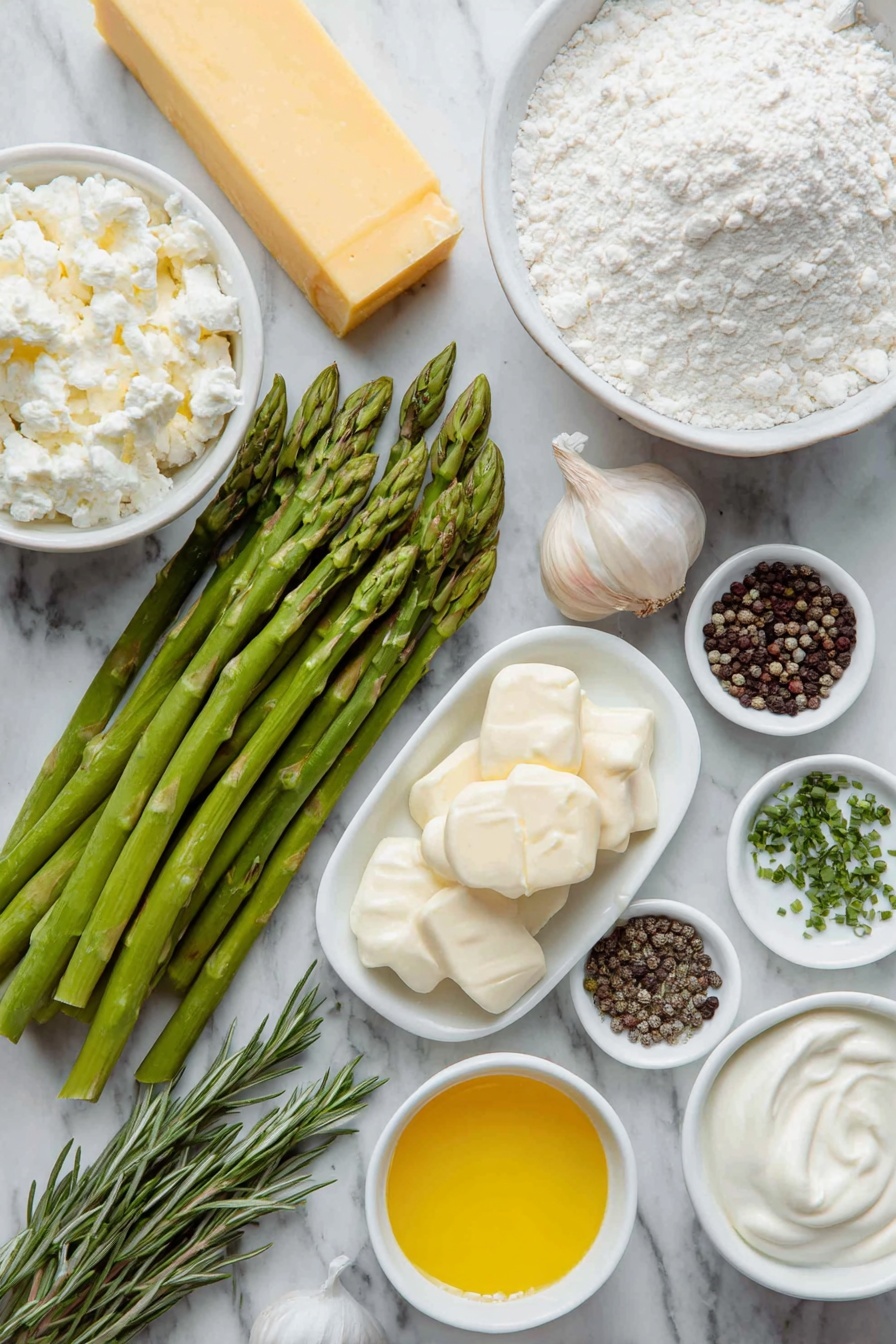 Flat lay of a small white ceramic bowl of golden canola oil, one small peeled and chopped onion, a single fresh garlic clove, a bundle of bright green asparagus spears trimmed and cut into pieces, a small white ceramic bowl filled with pale all-purpose flour, a simple white ceramic bowl with creamy fat-free milk, a small slab of pale yellow butter, a tiny white ceramic bowl of coarse salt, a tiny white ceramic bowl containing dried thyme, a tiny white ceramic bowl of whole black peppercorns, a small white ceramic bowl of thick half-and-half cream, a small white ceramic bowl with clear white wine, a small white ceramic bowl with pale yellow lemon juice, and a few sprigs of finely minced fresh chives, all arranged with perfect symmetry on a clean white marble surface, soft natural light, photo taken with an iPhone, professional food photography style, fresh ingredients, white ceramic bowls, no bottles, no duplicates, no utensils, no packaging --ar 2:3 --v 7 --p m7354615311229779997 - Creamy Asparagus Soup, asparagus soup recipe, healthy asparagus soup, easy asparagus soup, vegetarian asparagus soup