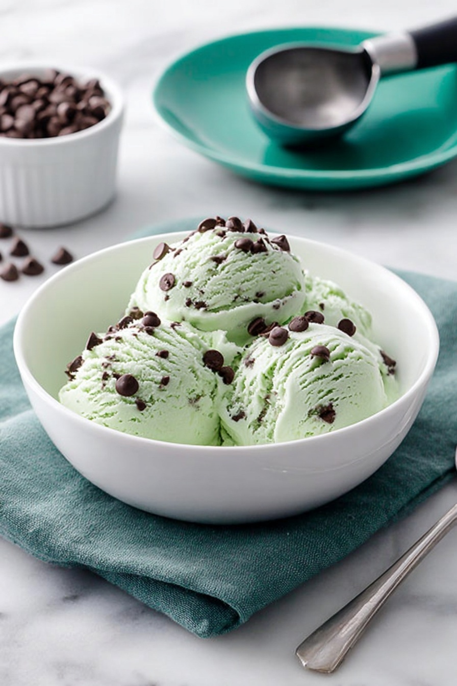A white bowl filled with three round scoops of light green ice cream, each scoop sprinkled with small dark chocolate chips. The bowl sits on a folded teal cloth on a white marbled surface. In the background, there is a white bowl with extra chocolate chips and a teal plate holding a metal ice cream scoop with a black handle. A silver spoon rests on the surface near the bowl. Photo taken with an iphone --ar 2:3 --v 7 - Mint Chocolate Chip Ice Cream, homemade mint ice cream, how to make mint chocolate chip ice cream, easy mint ice cream recipe, dairy-free mint ice cream