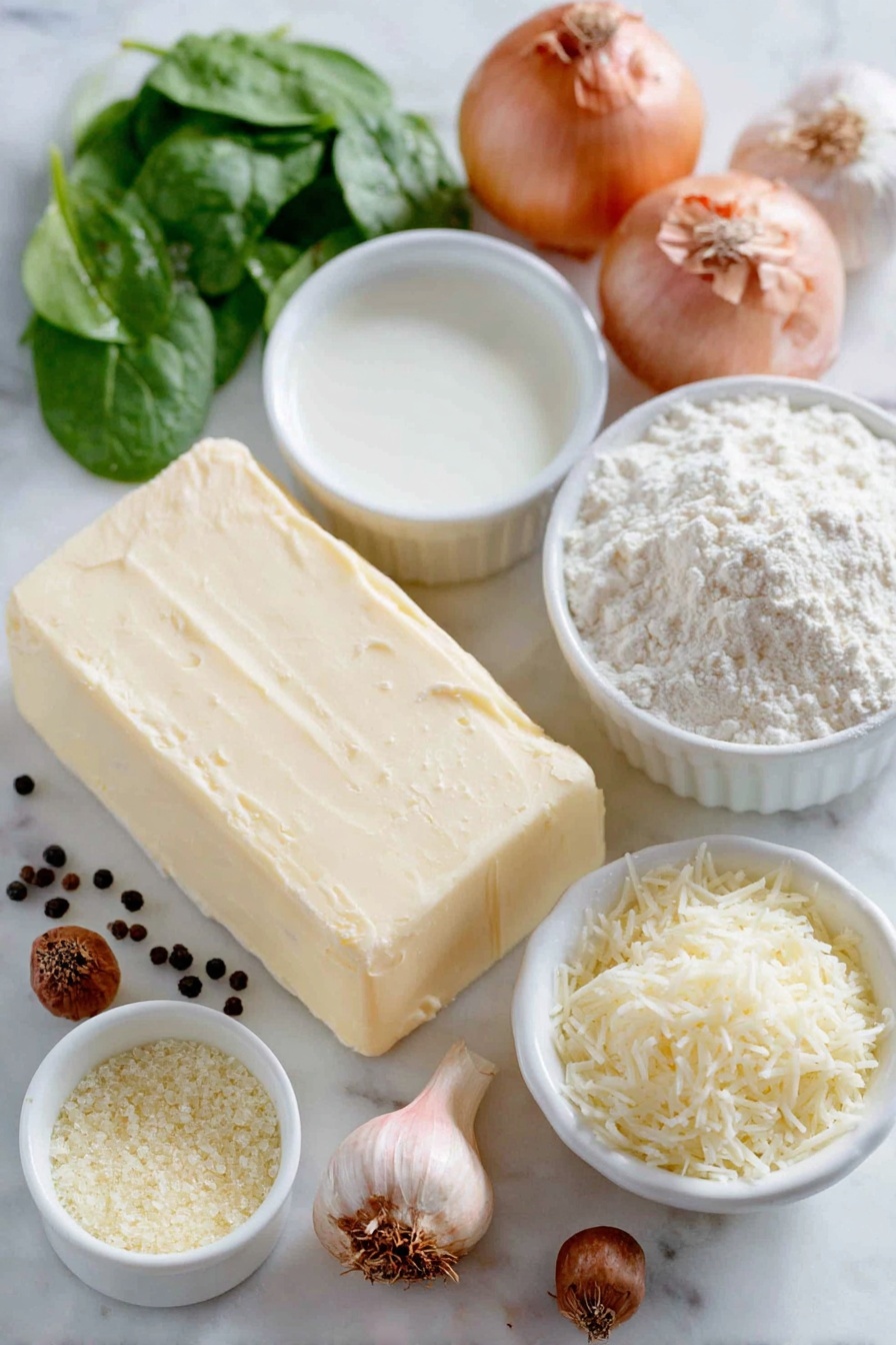 Flat lay of fresh whole butter sticks, one small yellow onion with papery skin, two whole brown garlic bulbs with cloves intact, a small white ceramic bowl of pale all-purpose flour, a small white ceramic bowl of whole milk, a small white ceramic bowl of heavy cream, fresh coarse sea salt crystals, whole black peppercorns scattered, whole nutmeg with textured brown shell, a small white ceramic bowl of shredded Gruyère cheese, a small white ceramic bowl of grated Parmesan cheese, a bundle of fresh raw spinach leaves, a small white ceramic bowl of golden panko breadcrumbs, a small white ceramic bowl of golden olive oil, all arranged symmetrically and proportionally placed on a clean white marble surface, soft natural light, photo taken with an iPhone, professional food photography style, fresh ingredients, white ceramic bowls, no bottles, no duplicates, no utensils, no packaging --ar 2:3 --v 7 --p m7354615311229779997 - Creamed Spinach Gratin, cheesy creamed spinach side dish, crispy breadcrumb spinach casserole, easy creamed spinach recipe, holiday side dishes