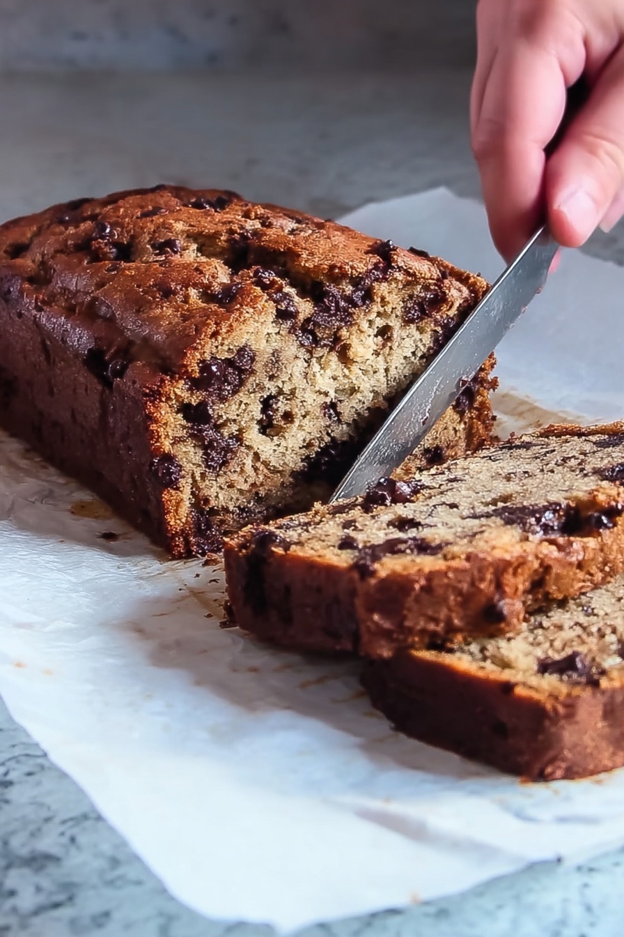 A loaf of brown banana bread with dark chocolate chips inside sits on white parchment paper on a white marbled surface. The bread has a rough, slightly cracked top crust and a dense texture visible from the slice being cut. A woman's hand holds a knife slicing a thick piece from the loaf, showing the moist interior filled with small dark spots of chocolate chips evenly spread throughout. The warm tones of the bread contrast with the white parchment underneath. Photo taken with an iphone --ar 2:3 --v 7 - Irish Fruit Bread, Irish Fruit Bread recipe, traditional Irish bread, dried fruit bread, no-yeast bread