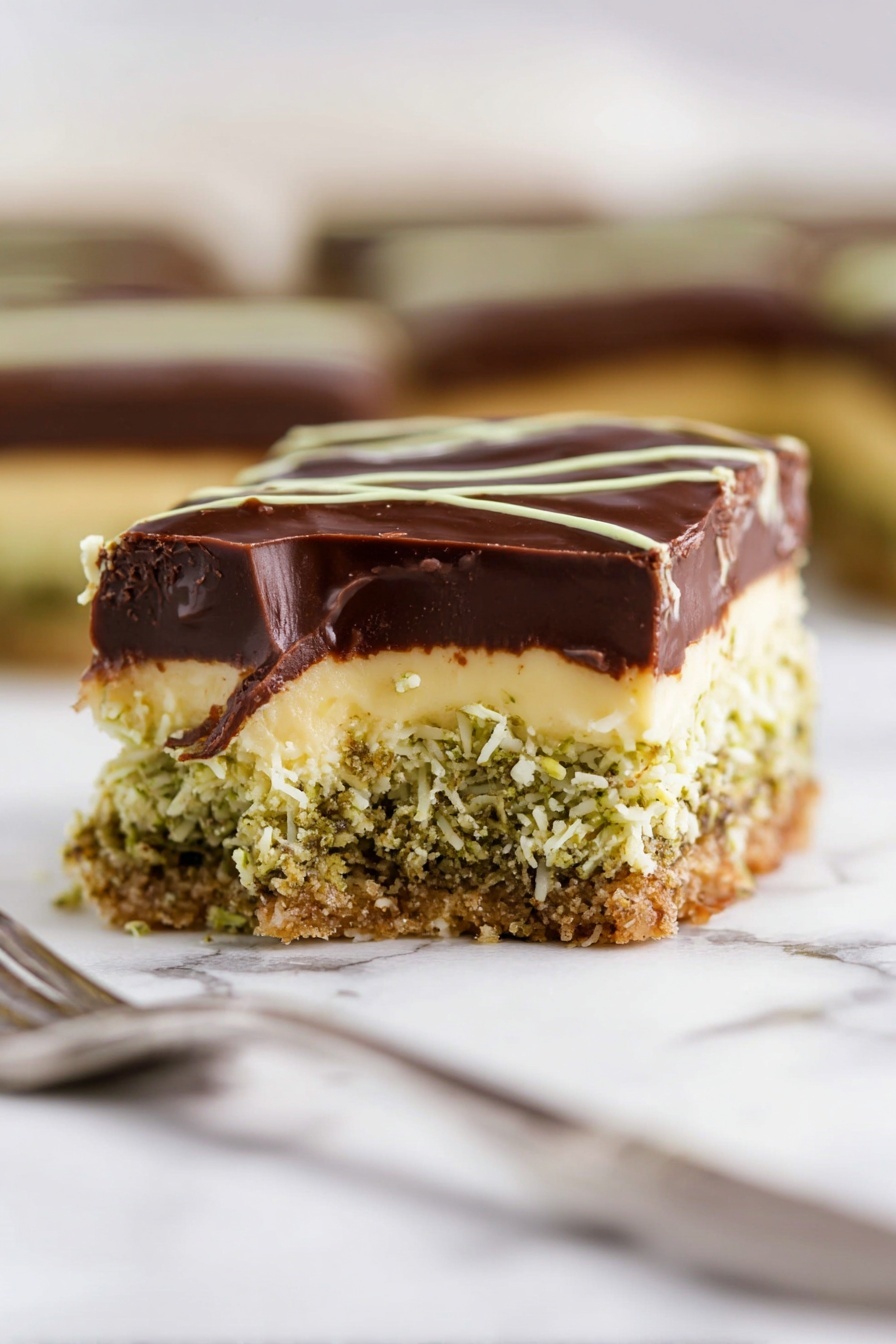 The image shows a close-up of a layered dessert with four visible layers, placed on a white marbled surface. The bottom layer is a greenish, crumbly crust that looks rough in texture, topped by a thick, creamy light yellow layer. Above this is another greenish layer with a shredded texture, which appears slightly moist. The top layer is glossy dark brown chocolate, smooth and thick, decorated with thin light green lines. A silver fork is blurred in the foreground, near the dessert, and the background is softly out of focus. Photo taken with an iphone --ar 2:3 --v 7 - Dubai Chocolate Cheesecake Bars, Middle Eastern dessert recipes, pistachio cheesecake bars, decadent chocolate dessert, kataifi dough recipes