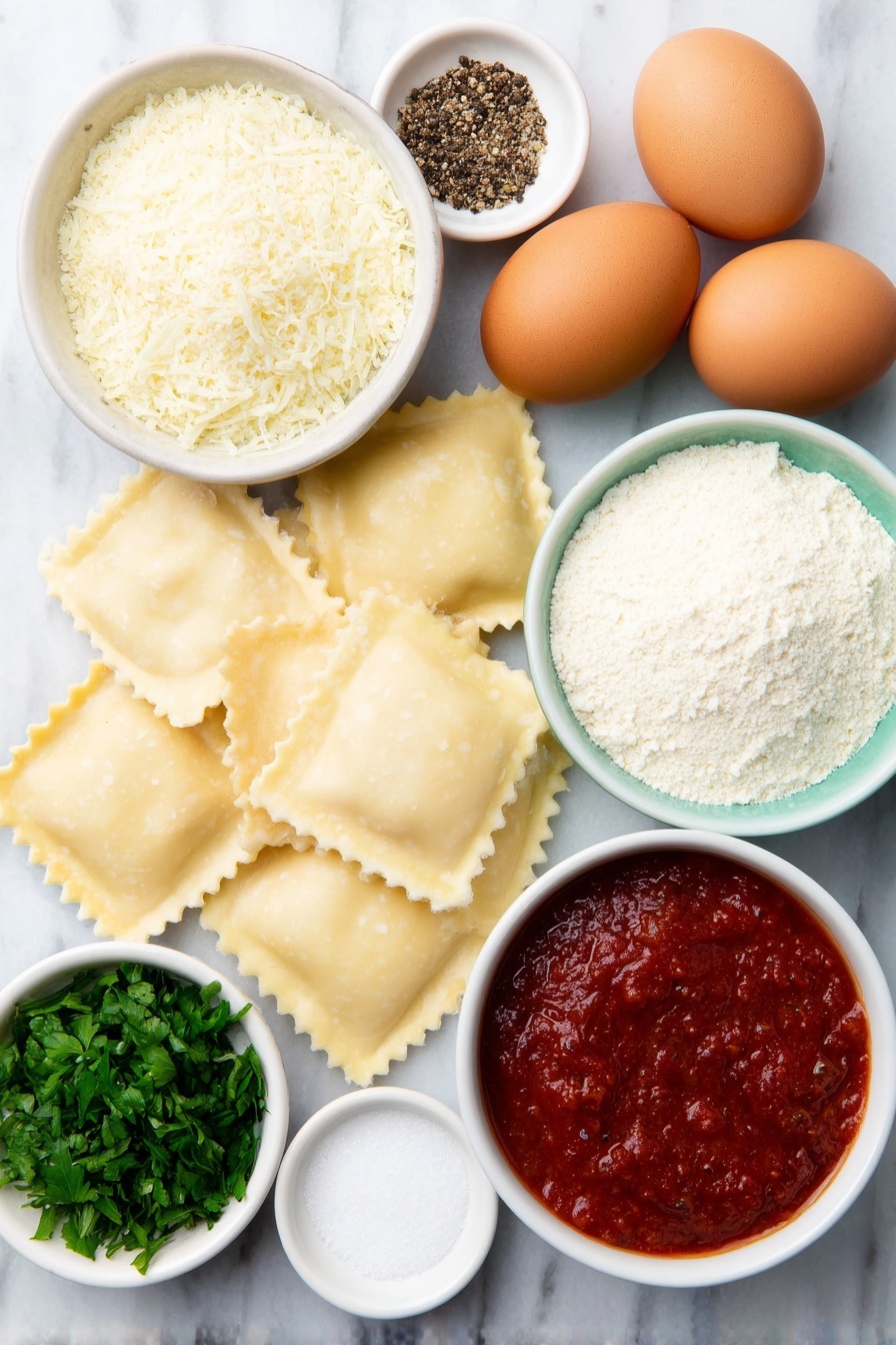 Flat lay of fresh refrigerated square ravioli pasta, two large whole brown eggs with clean shells, small white ceramic bowl of Italian seasoned Panko breadcrumbs, small white ceramic bowl of finely grated Parmesan cheese, small white ceramic bowl of bright red marinara sauce, small white ceramic bowl of garlic powder, small white ceramic bowl of coarse salt, small white ceramic bowl of cracked black pepper, a few sprigs of fresh green chopped parsley, all arranged symmetrically and balanced, placed on a clean white marble surface, soft natural light, photo taken with an iPhone, professional food photography style, fresh ingredients, white ceramic bowls, no bottles, no duplicates, no utensils, no packaging --ar 2:3 --v 7 --p m7354615311229779997 - Toasted Ravioli Air Fryer, Crispy Toasted Ravioli, Air Fryer Appetizer, St. Louis Toasted Ravioli, Easy Air Fryer Snacks