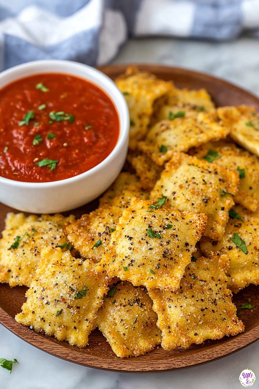 The image shows a white wooden plate piled high with crispy golden brown ravioli, each piece square-shaped with a crunchy textured coating lightly speckled with black pepper and topped with small green parsley bits. Next to the ravioli, there is a white round bowl filled with thick red marinara sauce, garnished with chopped green herbs. The plate rests on a white marbled surface, and a white and blue cloth is softly blurred in the background. photo taken with an iphone --ar 2:3 --v 7 - Toasted Ravioli Air Fryer, Crispy Toasted Ravioli, Air Fryer Appetizer, St. Louis Toasted Ravioli, Easy Air Fryer Snacks