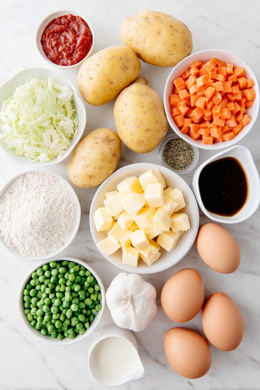 Flat lay of two whole Yukon gold potatoes with smooth yellow skins, a small pile of chopped pale green Savoy cabbage leaves, a few slender sliced pale green leeks, one whole uncracked brown egg, a small white ceramic bowl of rich creamy whole milk, a small white ceramic bowl of golden Irish butter cubes, a small mound of diced bright orange carrots, a handful of chopped fresh green celery stalks, a small pile of diced white onion, a small white ceramic bowl of bright red tomato paste, a small white ceramic bowl of golden brown Worcestershire sauce, a small white ceramic bowl of dark ruby dry sherry, a small white ceramic bowl of deep brown beef stock, a small heap of fresh green peas, a small white ceramic bowl of pale beige all-purpose flour, a small white ceramic bowl of dried thyme leaves, a small white ceramic bowl of vibrant red paprika powder, a few garlic cloves with white papery skins, and two whole uncracked brown eggs, placed on a clean white marble surface, soft natural light, photo taken with an iPhone, professional food photography style, fresh ingredients, white ceramic bowls, no bottles, no duplicates, no utensils, no packaging --ar 2:3 --v 7 --p m7354615311229779997 - Irish Shepherd’s Pie with Colcannon Topping, Irish Shepherd’s Pie, hearty Irish casserole, comfort food recipes, traditional Irish dishes