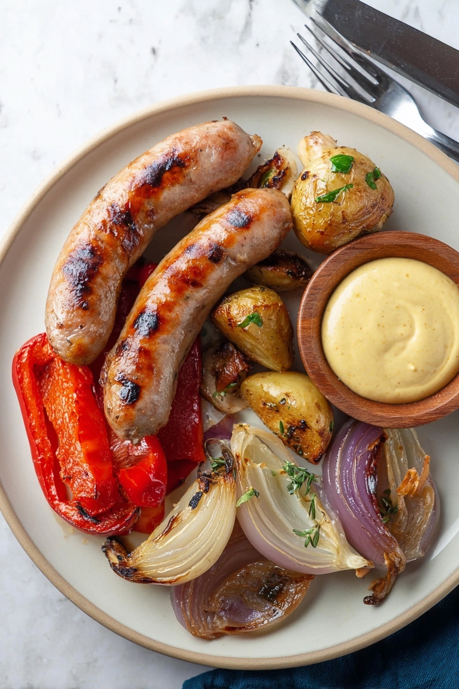 A white plate holds two grilled sausages with golden brown and slightly charred skins on the left side. Underneath and around the sausages are pieces of roasted red pepper, small roasted potatoes with herbs, and a small roasted mushroom with green garnish. On the right side of the plate are slices of roasted onion, both white and purple, slightly browned and layered in a pile. Next to the vegetables, there is a small wooden bowl filled with smooth, pale yellow mustard sauce. A fork rests on the right side of the plate, all set on a white marbled surface. Photo taken with an iphone --ar 2:3 --v 7 - Oven-Roasted Sausage and Potatoes, Roasted sausage and potatoes, Easy sausage and potato dinner, One-pan sausage and potatoes, Simple oven roasted sausage dish