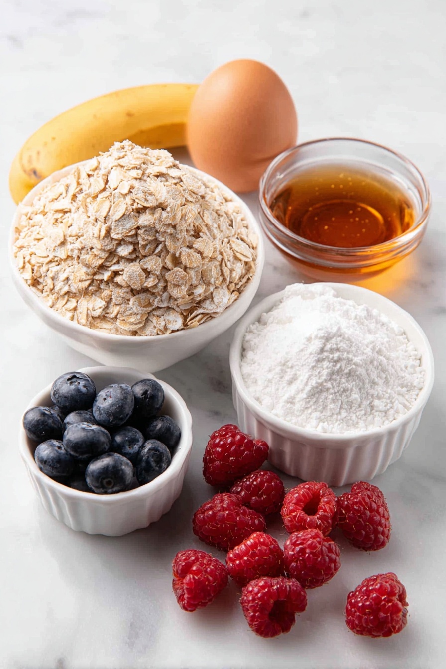 Flat lay of a small mound of rolled oats, a ripe yellow banana, one whole brown egg with a clean shell, a small white ceramic bowl filled with amber maple syrup, a small white ceramic bowl containing fine white baking powder, a small white ceramic bowl with kosher salt crystals, fifteen fresh plump blueberries, six vibrant red raspberries, a dusting of powdered sugar artfully sprinkled beside the ingredients, and a small dollop of creamy nut butter on a white ceramic dish, all arranged in perfect symmetry on a clean white marble surface, soft natural light, photo taken with an iPhone, professional food photography style, fresh ingredients, white ceramic bowls, no bottles, no duplicates, no utensils, no packaging --ar 2:3 --v 7 --p m7354615311229779997 - Baked Oats with Berries, healthy breakfast recipes, quick breakfast ideas, wholesome oat bake, berry oatmeal bake