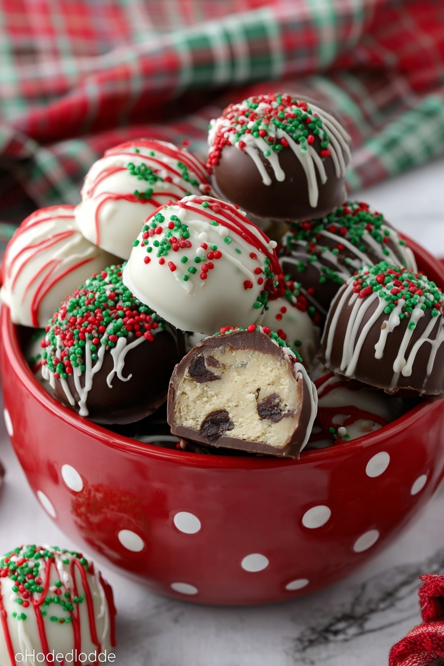 A red bowl with white polka dots is filled with round chocolate treats. These treats have three main layers: dark brown outer chocolate with colorful red, green, and white sprinkles, white chocolate with red and green lines drizzled on top, and one treat cut open showing a light beige creamy inside with small dark chocolate bits. The bowl sits on a white marbled surface with a soft-focused cloth in red, green, and white checks in the background. Photo taken with an iphone --ar 2:3 --v 7 - Cookie Dough Truffles with Chocolate Coating, no-bake cookie dough truffles, easy chocolate-covered cookie bites, homemade cookie dough candy, decadent chocolate truffles