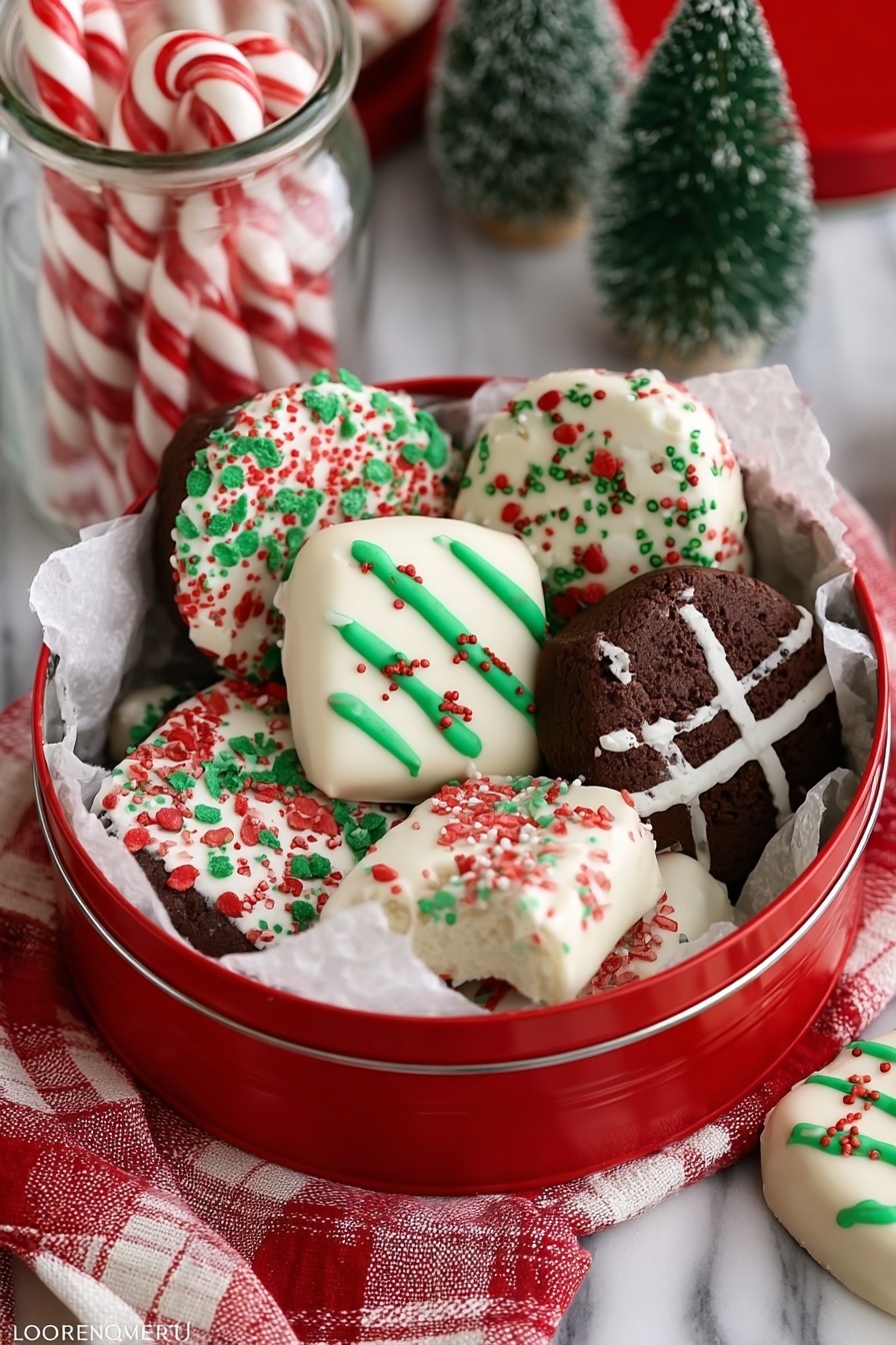 A round red tin filled with white parchment paper holds two candy canes and a mix of cookies and square treats. The cookies have two main colors: white with red and green sprinkles or green icing lines, and dark brown with red, white, and green sprinkles or green icing lines. The square white treats are topped with red, green, and white sprinkles, with one showing a bite taken out. The tin sits on a red and white checkered cloth, with a glass jar of white and red candy canes next to it and a small green Christmas tree in the background, all on a white marbled surface. Photo taken with an iphone --ar 2:3 --v 7 - Cookie Dough Truffles with Chocolate Coating, no-bake cookie dough truffles, easy chocolate-covered cookie bites, homemade cookie dough candy, decadent chocolate truffles