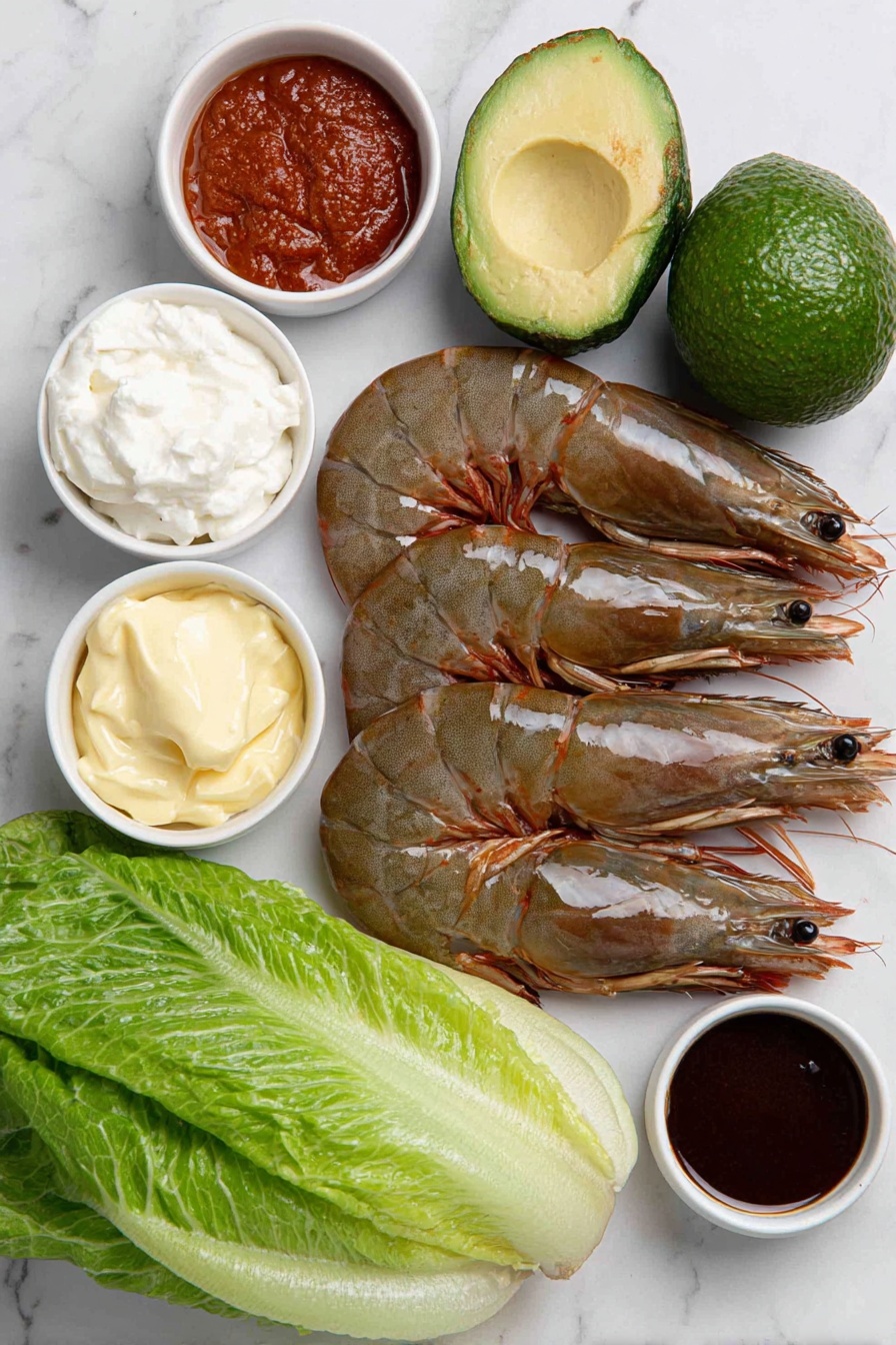 Flat lay of cooked peeled jumbo prawns with a glossy sheen, a small white bowl of garlic butter, three ripe avocados halved showing creamy green flesh, a fresh head of cos lettuce with vibrant green leaves, a small white bowl of smooth mayonnaise, a small white bowl of bright red tomato sauce, a small white bowl of freshly squeezed lime juice, a small white bowl of dark Worcestershire sauce, a small white bowl of deep red paprika powder, all items arranged in perfect symmetry on a simple white ceramic surface, placed on a clean white marble surface, soft natural light, photo taken with an iPhone, professional food photography style, fresh ingredients, white ceramic bowls, no bottles, no duplicates, no utensils, no packaging --ar 2:3 --v 7 --p m7354615311229779997 - Prawn Cocktail Salad with Avocado, easy prawn cocktail salad, creamy prawn avocado salad, quick seafood salad, appetizer recipes with prawns