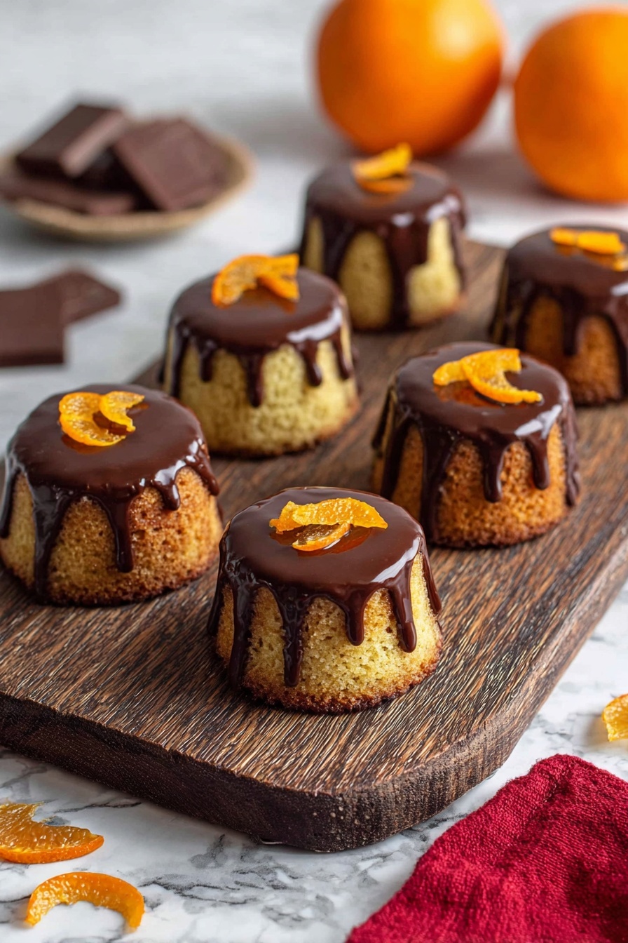 Six small round cakes sit on a dark wooden board over a white marbled surface. Each cake has two layers: the bottom layer is golden brown with a rough texture, and the top layer is smooth dark chocolate dripping down the sides. There are thin strips of orange peel placed on top of the chocolate. Two whole oranges and pieces of chocolate are in the background, with a red cloth partly under the board. Photo taken with an iphone --ar 2:3 --v 7 - Orange Almond Jaffa Cake Bites, citrus snack recipes, no-bake mini cakes, almond and orange treats, chocolate orange finger food