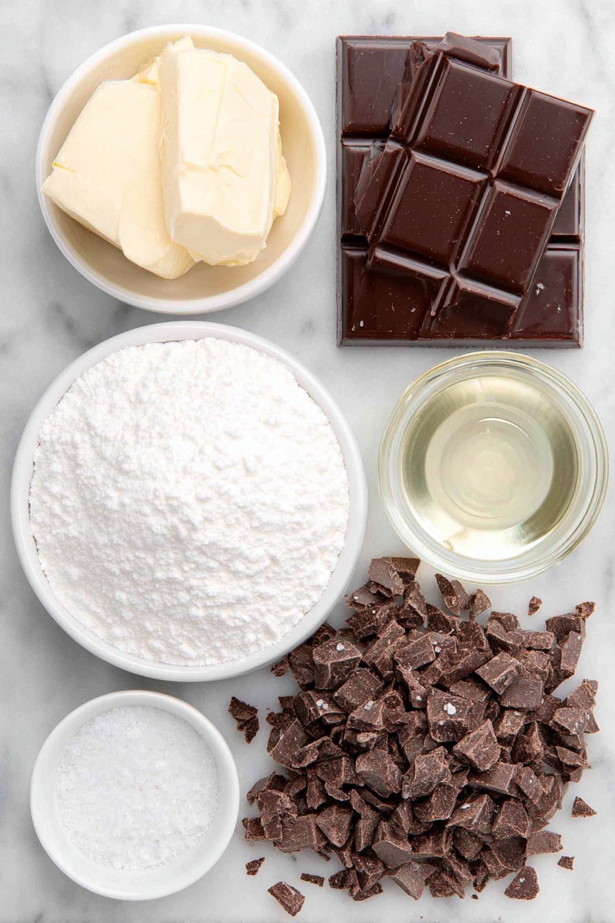 Flat lay of a small pile of softened unsalted butter, a small white ceramic bowl filled with creamy peanut butter, a small white ceramic bowl heaped with confectioners’ sugar, a whole vanilla bean pod beside a tiny white ceramic bowl of pure vanilla extract, a tiny white ceramic bowl containing fine salt, coarsely chopped semi-sweet chocolate chunks scattered neatly, a small white ceramic bowl holding clear vegetable oil, and a small pile of coarse flaky sea salt crystals, all arranged in perfect symmetry on a clean white marble surface, soft natural light, photo taken with an iPhone, professional food photography style, fresh ingredients, white ceramic bowls, no bottles, no duplicates, no utensils, no packaging --ar 2:3 --v 7 --p m7354615311229779997 - Easter Peanut Butter Chocolate Eggs, homemade peanut butter candies, chocolate and peanut butter treats, easy Easter candy, DIY peanut butter eggs