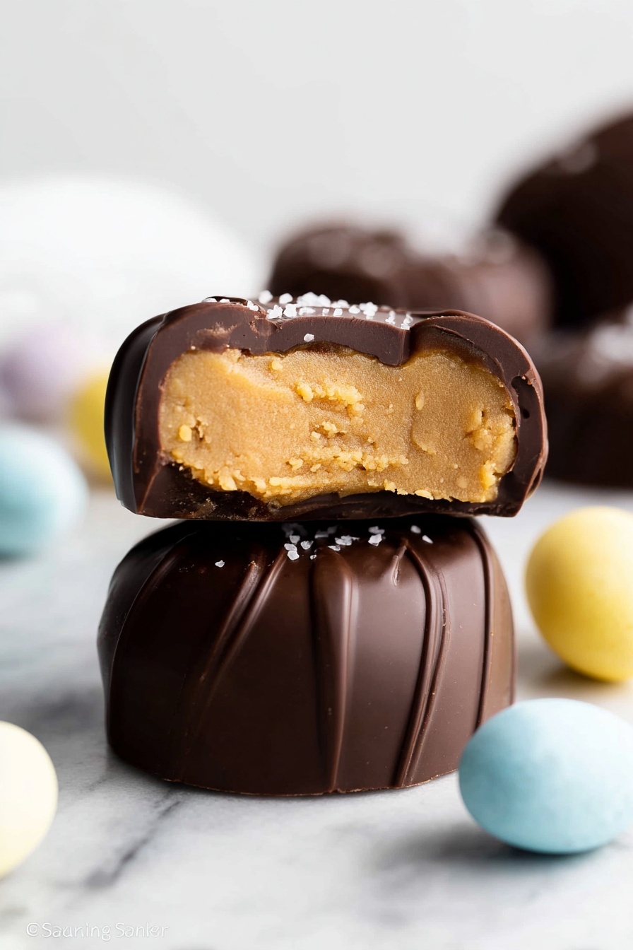 The image shows a close-up of a two-layer chocolate candy on a white marbled surface. The bottom layer is a smooth dark brown chocolate shell with gentle rippled lines. On top of it is a second candy with the upper half bitten off, revealing a dense, crumbly light tan filling inside. The chocolate coating on this top piece is thick and shiny with wavy lines on the surface and small white flakes sprinkled on top. Around the candies, there are small, smooth, pastel-colored egg-shaped candies in blue, white, and yellow. The background is clean and softly blurred, emphasizing the rich texture and detail of the chocolate candies. photo taken with an iphone --ar 2:3 --v 7 - Easter Peanut Butter Chocolate Eggs, homemade peanut butter candies, chocolate and peanut butter treats, easy Easter candy, DIY peanut butter eggs