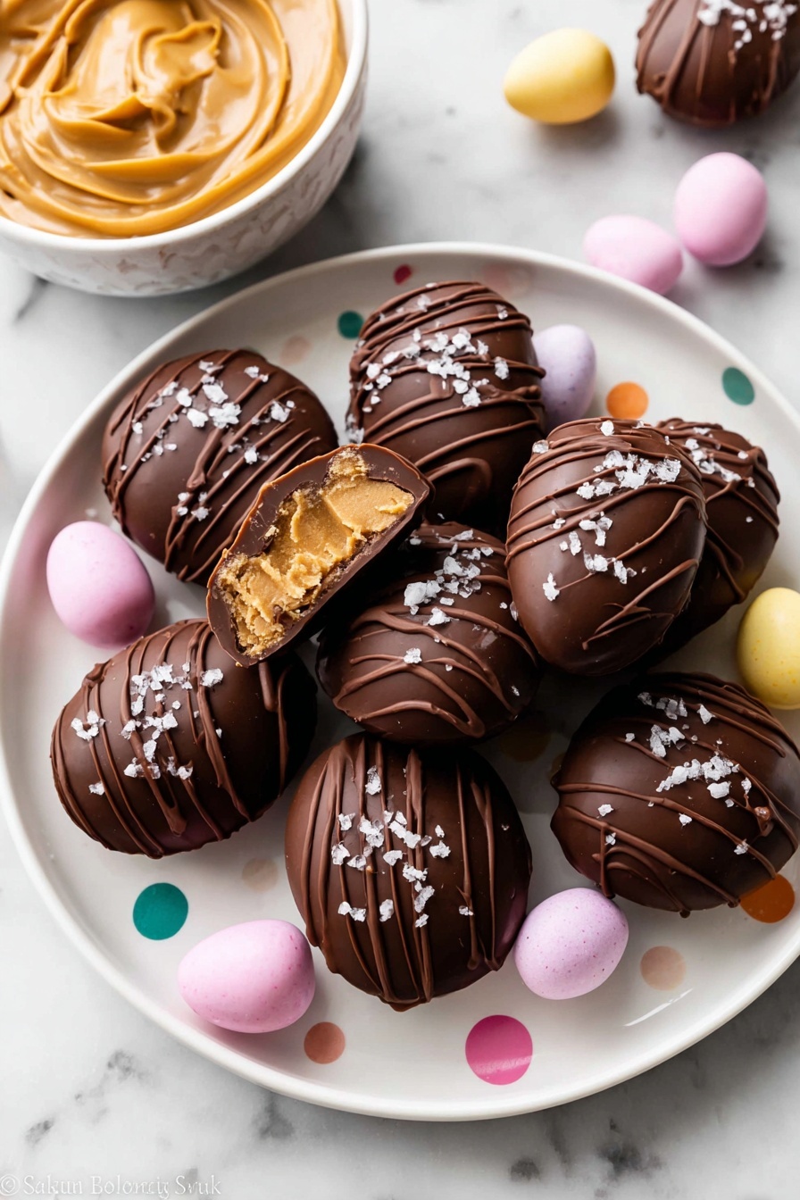 A white plate with colorful polka dots is filled with dark chocolate eggs, each decorated with thin dark chocolate stripes and small flakes of sea salt on top. The eggs have a smooth and shiny texture, some stacked over others, showing three layers: the dark chocolate outside, a creamy light brown peanut butter filling inside, and a soft cake-like center. One of the eggs on the edge is bitten, revealing these inner layers clearly. Around the plate are small pastel-colored candy eggs in light yellow, pink, and white. In the background on a white marbled surface, there is a white bowl filled with creamy light brown peanut butter with smooth swirls. Photo taken with an iphone --ar 2:3 --v 7 - Easter Peanut Butter Chocolate Eggs, homemade peanut butter candies, chocolate and peanut butter treats, easy Easter candy, DIY peanut butter eggs