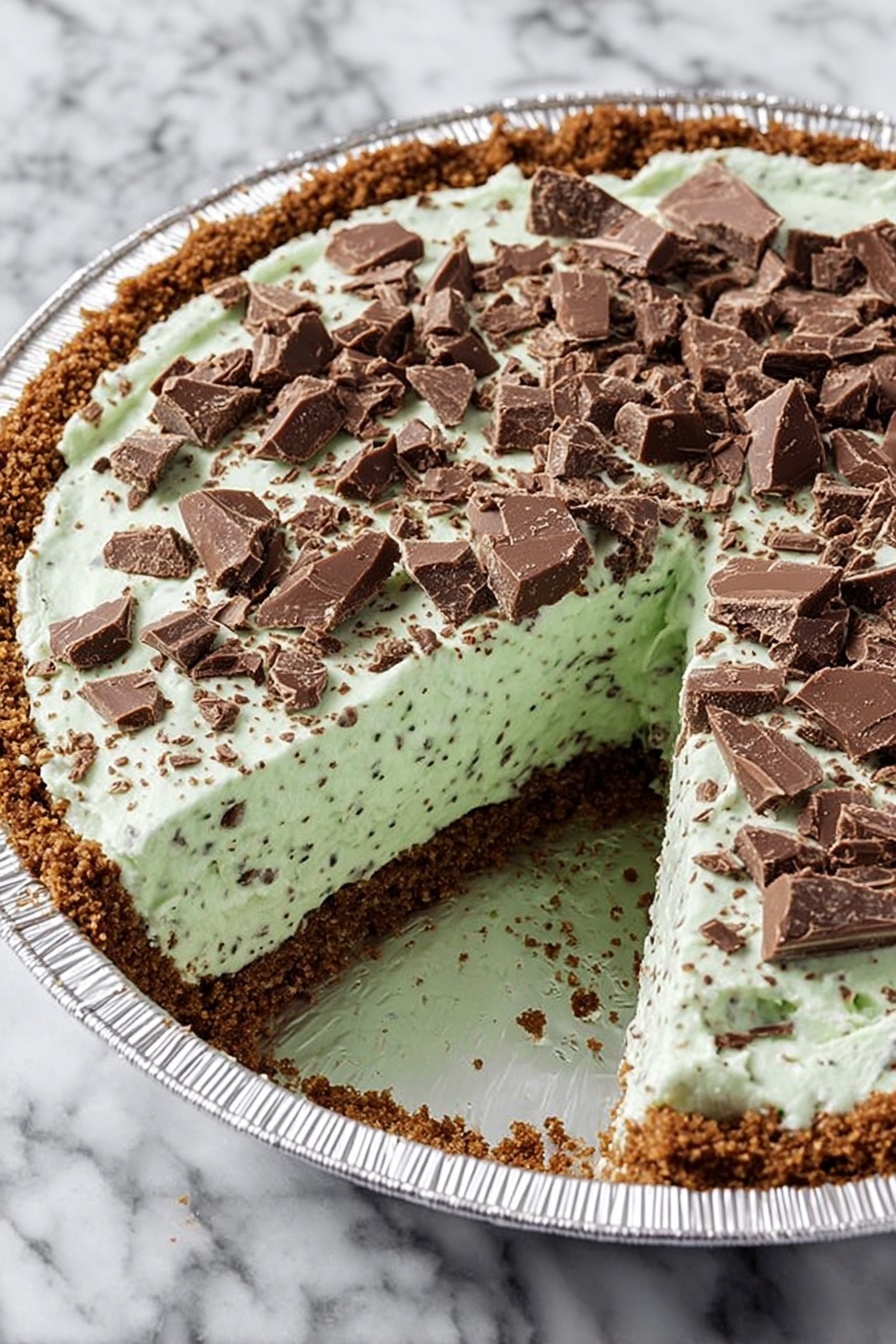 The image shows a pie with three main layers. The bottom layer is a crumbly brown crust that fills the pie tin. The middle layer is thick and pale green with small dark specks mixed in, giving it a soft, creamy texture. The top layer is made up of broken pieces of milk chocolate scattered across the green filling. One slice has been removed, showing the inside structure clearly. The pie tin is silver and the background is a white marbled surface. Photo taken with an iphone --ar 2:3 --v 7 - Mint Chocolate Grasshopper Pie, mint chocolate pie, no-bake mint dessert, chocolate mint pie recipe, easy mint chocolate dessert