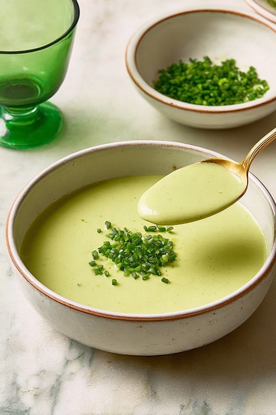 A smooth pale green soup fills a white bowl, topped with a small pile of finely chopped chives in the center. A gold spoon with a light green handle lifts a scoop of the creamy soup, showing its thick texture. Behind the bowl, there is a smaller white bowl with more chopped chives and a green tinted glass on a white marbled surface. photo taken with an iphone --ar 2:3 --v 7 - Creamy Asparagus Soup, asparagus soup recipe, healthy asparagus soup, easy asparagus soup, vegetarian asparagus soup