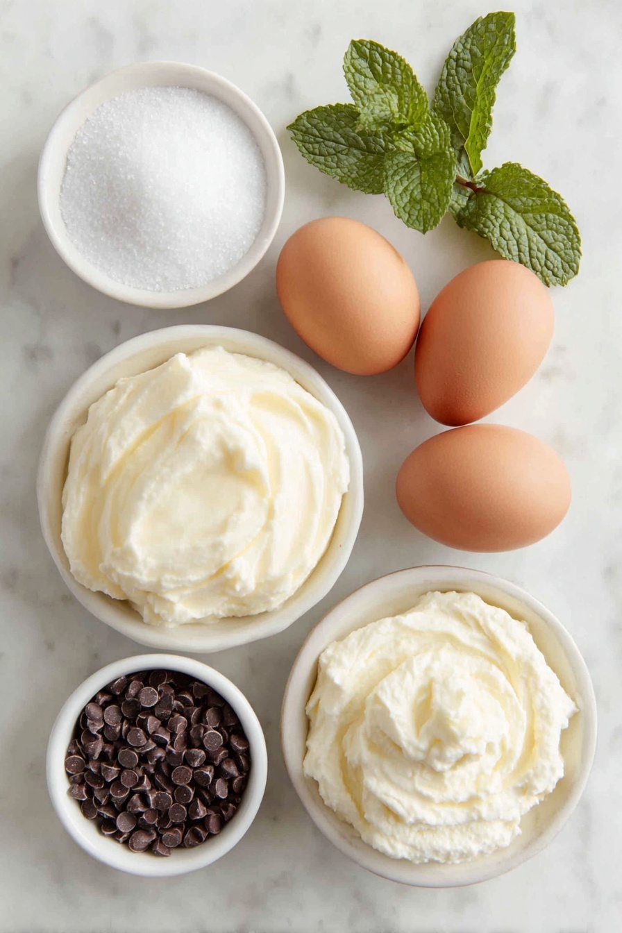 Flat lay of whole milk in a small white ceramic bowl, granulated sugar in a small white ceramic bowl, a pinch of coarse salt on a white ceramic plate, three whole uncracked brown eggs arranged neatly, heavy whipping cream in a small white ceramic bowl, a small white ceramic bowl with clear vanilla extract, a small white ceramic bowl with clear peppermint extract, a few fresh mint leaves for visual reference of mint flavor, and a small white ceramic bowl filled with miniature semisweet chocolate chips -- all ingredients fresh and natural, perfectly balanced and symmetrically arranged, placed on a clean white marble surface, soft natural light, photo taken with an iPhone, professional food photography style, fresh ingredients, white ceramic bowls, no bottles, no duplicates, no utensils, no packaging --ar 2:3 --v 7 --p m7354615311229779997 - Mint Chocolate Chip Ice Cream, homemade mint ice cream, how to make mint chocolate chip ice cream, easy mint ice cream recipe, dairy-free mint ice cream
