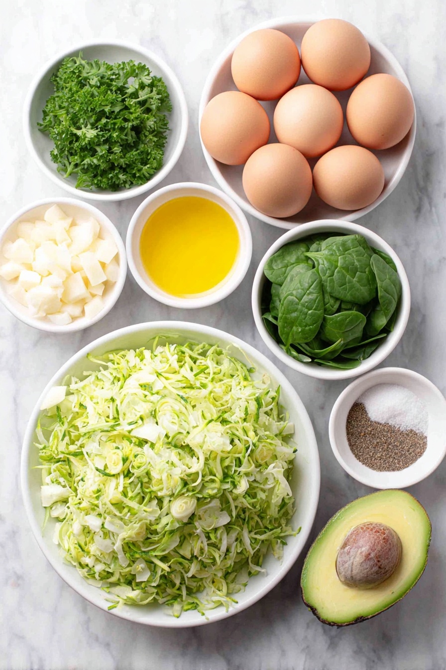 Flat lay of a small white ceramic bowl with golden olive oil, half a medium onion diced into small cubes on the side, four peeled whole garlic cloves arranged neatly, a white ceramic bowl filled with shaved Brussels sprouts, a white ceramic bowl holding freshly grated zucchini, small white ceramic bowls containing ground cumin, fine salt, and black pepper respectively, a compact pile of fresh baby spinach leaves, five whole large brown eggs with clean shells lined up, a white ceramic bowl with chopped fresh cilantro, and one ripe avocado halved to show its creamy green interior and brown seed placed on a simple white ceramic plate, all ingredients fresh and natural, perfectly balanced and symmetrically arranged, placed on a clean white marble surface, soft natural light, photo taken with an iPhone, professional food photography style, fresh ingredients, white ceramic bowls, no bottles, no duplicates, no utensils, no packaging --ar 2:3 --v 7 --p m7354615311229779997 - Healthy Green Shakshuka with Brussels Sprouts, vegetarian shakshuka recipe, nutritious breakfast ideas, easy veggie shakshuka, green shakshuka for brunch