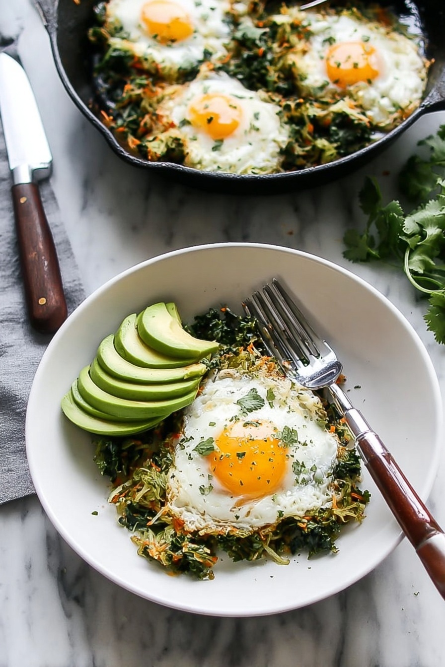 The image shows a white bowl with one fried egg on top of a bed of cooked greens and shredded vegetables, sprinkled with herbs. To the side of the egg, there are three slices of avocado arranged neatly. A fork with a brown and silver handle rests on the edge of the bowl. In the background, a black cast iron pan contains three similar sunny side up eggs on a bed of greens and shredded veggies, with a silver spatula inside the pan. The scene is set on a white marbled surface with a knife lying nearby and some green herbs in the background. Photo taken with an iphone --ar 2:3 --v 7 - Healthy Green Shakshuka with Brussels Sprouts, vegetarian shakshuka recipe, nutritious breakfast ideas, easy veggie shakshuka, green shakshuka for brunch