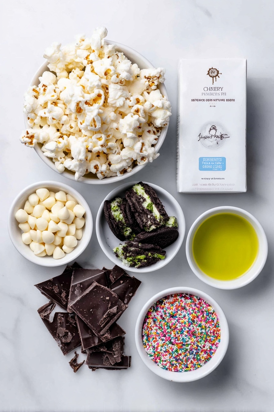 Flat lay of a large pile of freshly popped popcorn, a small mound of broken chocolate-mint sandwich cookie pieces showing dark chocolate cookies with green mint filling, a small white ceramic bowl filled with smooth white chocolate chips, a small white ceramic bowl with clear coconut oil, a tiny white ceramic bowl containing vibrant green food coloring liquid, a tiny white ceramic bowl with fresh mint leaves to represent mint extract visually, and a small white ceramic bowl filled with colorful candy sprinkles, all arranged in perfect symmetry and balanced proportions, placed on a clean white marble surface, soft natural light, photo taken with an iPhone, professional food photography style, fresh ingredients, white ceramic bowls, no bottles, no duplicates, no utensils, no packaging --ar 2:3 --v 7 --p m7354615311229779997 - Mint Chocolate Popcorn, Mint Chocolate Snack, Easy Mint Popcorn, Chocolate Mint Treat, Festive Snack Ideas