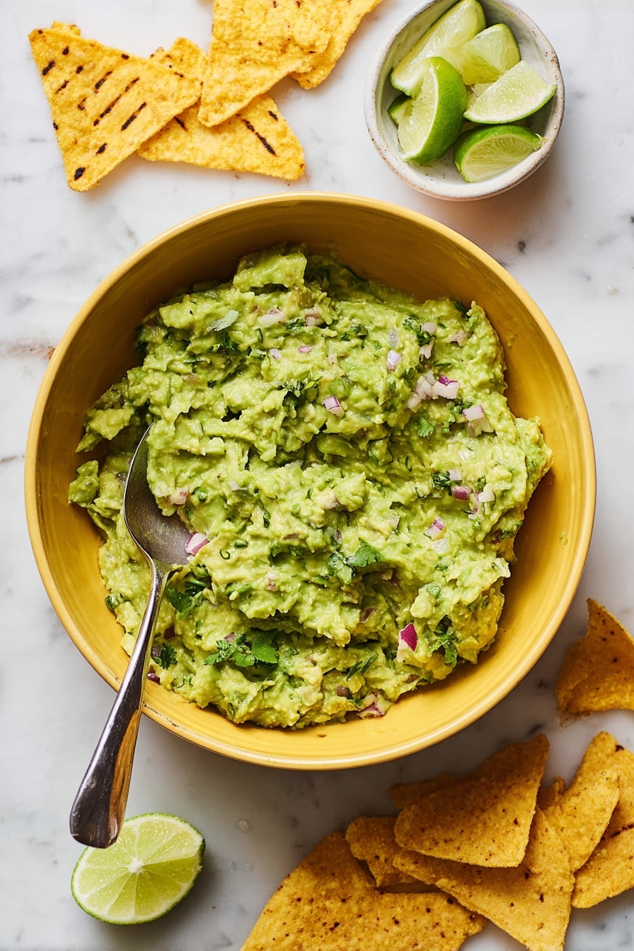 A yellow bowl sits on a white marbled surface filled with chunky green guacamole made from mashed avocado mixed with small pieces of red onion and herbs, a large silver spoon rests inside the bowl. To the top right of the bowl, there are yellow triangle tortilla chips with grill marks scattered on the surface. Above the bowl, a small white bowl holds several lime wedges, and near the bottom right corner, there is a halved lime placed on the marble. Photo taken with an iphone --ar 2:3 --v 7 - Easy Homemade Guacamole, how to make guacamole, simple guacamole recipe, fresh guacamole dip, best guacamole recipe