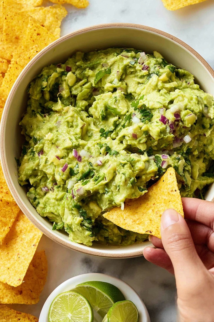 A close-up image shows a creamy green guacamole in a white bowl, with visible chunks of avocado, bits of purple onion, and small pieces of green herbs mixed throughout. A woman's hand is holding a triangular yellow tortilla chip, scooping some of the guacamole. Nearby, there are more yellow tortilla chips lying on a white marbled surface, along with a small white bowl containing several lime wedges with a green outer peel and light green inner flesh. The texture of the guacamole looks smooth with some chunky parts, and the overall colors are vibrant greens, purples, and yellows. photo taken with an iphone --ar 2:3 --v 7 - Easy Homemade Guacamole, how to make guacamole, simple guacamole recipe, fresh guacamole dip, best guacamole recipe