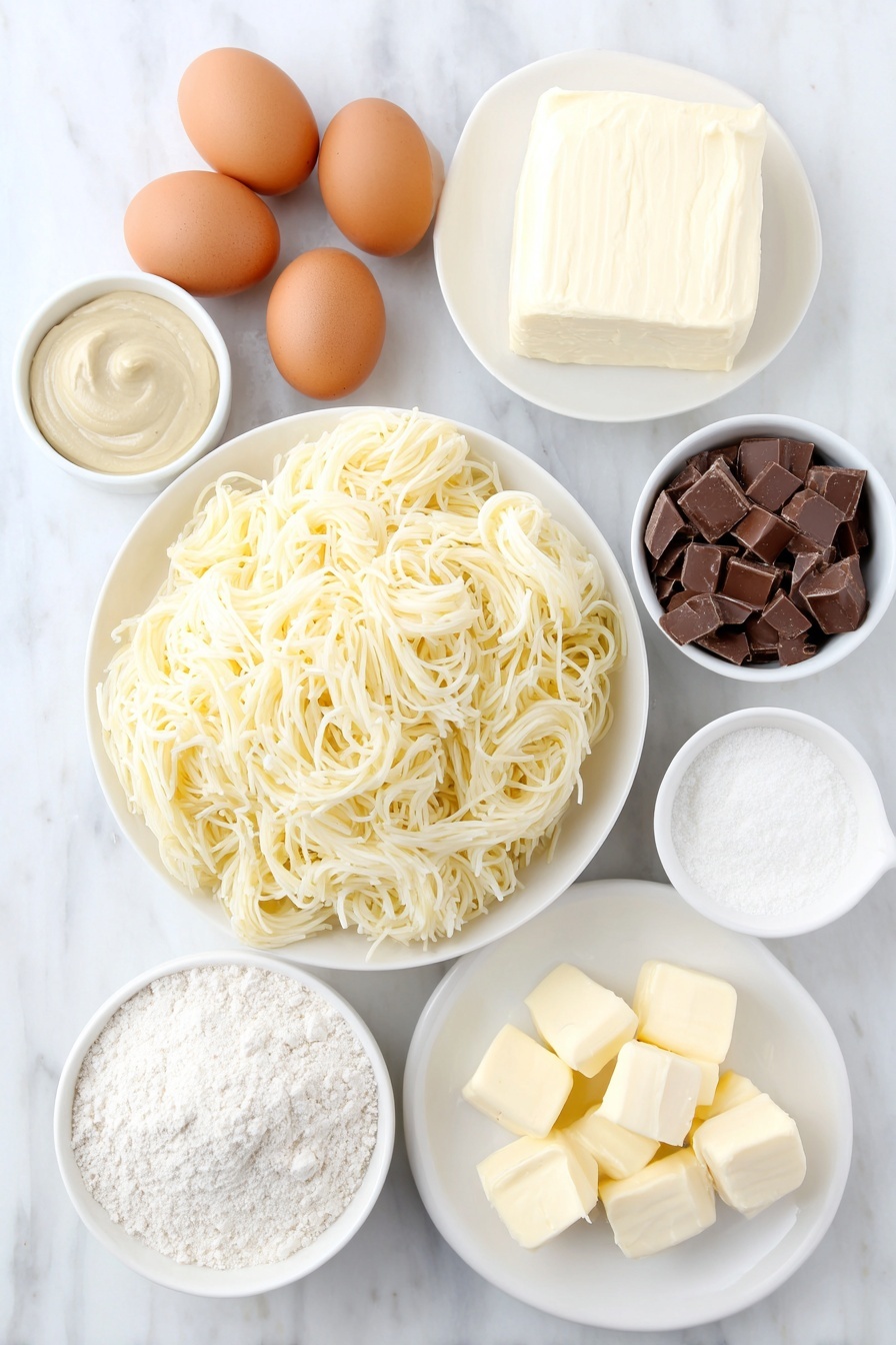 Flat lay of shredded kataifi dough in a small white ceramic bowl, a few pats of unsalted butter on a white plate, a small white bowl filled with smooth pistachio cream, a small white bowl with creamy tahini, a block of cream cheese resting on a white plate, granulated sugar in a small white bowl, sour cream in a small white bowl, a small white bowl holding vanilla extract, a small white bowl with a pinch of salt, three whole brown eggs with clean shells, semi-sweet chocolate chunks on a white plate, and a small white bowl of heavy cream, arranged symmetrically and balanced, all fresh and natural looking, placed on a clean white marble surface, soft natural light, photo taken with an iPhone, professional food photography style, fresh ingredients, white ceramic bowls, no bottles, no duplicates, no utensils, no packaging --ar 2:3 --v 7 --p m7354615311229779997 - Dubai Chocolate Cheesecake Bars, Middle Eastern dessert recipes, pistachio cheesecake bars, decadent chocolate dessert, kataifi dough recipes