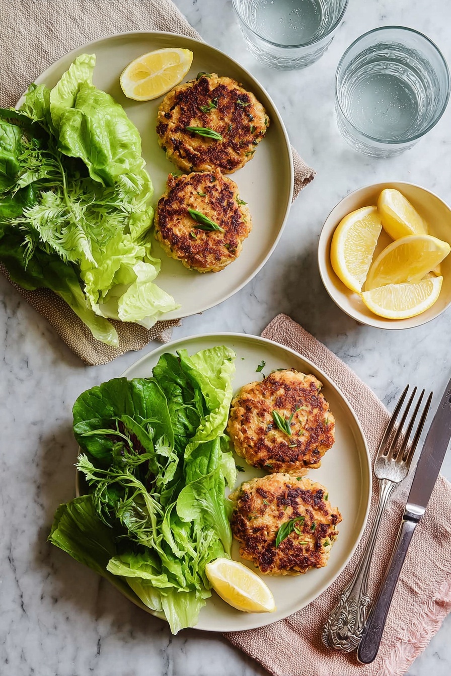 Two white plates each have two golden-brown patties with a slightly crispy texture and small green herbs on top, placed on the right side of the plate. On the left side is a pile of fresh green leafy lettuce with slightly ruffled edges, and two lemon wedges sit next to the leaves. Each plate is on a beige cloth napkin. Nearby, a small white bowl holds several lemon wedges. Two clear glasses of water are present on a white marbled surface, along with a silver fork and a silver knife with patterned handles. photo taken with an iphone --ar 2:3 --v 7 - Air Fryer Salmon Patties, healthy seafood recipes, easy salmon patties, crispy salmon bites, quick seafood dinner