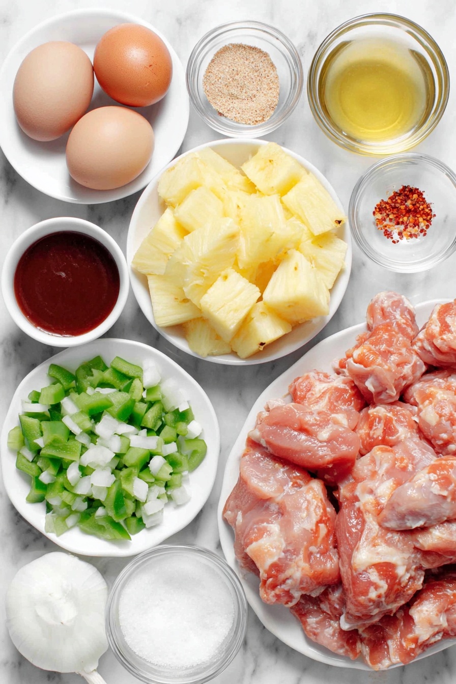 Flat lay of fresh pineapple chunks in a simple white ceramic bowl, two whole uncracked brown eggs, a medium diced white onion on a white ceramic plate, large diced green bell pepper pieces on a white ceramic plate, large diced red bell pepper pieces on a white ceramic plate, bite-size raw boneless skinless chicken thighs arranged naturally on a white ceramic plate, two whole garlic cloves with their skins on, a small white ceramic bowl of light brown granulated brown sugar, a small white ceramic bowl of dark reddish ketchup, a small white ceramic bowl of pale yellow apple cider vinegar, a small white ceramic bowl of light golden vegetable oil, a small white ceramic bowl of clear water, a small white ceramic bowl of pale yellow pineapple juice, a small white ceramic bowl of light brown low sodium soy sauce, a small white ceramic bowl of fine white cornstarch, a pinch of bright red crushed red pepper flakes delicately placed on a white ceramic spoon-shaped dish (substitute without utensils: a very small white ceramic bowl with a tiny heap), all ingredients fresh and natural, perfectly arranged with balance and symmetry, placed on a clean white marble surface, soft natural light, photo taken with an iPhone, professional food photography style, fresh ingredients, white ceramic bowls, no bottles, no duplicates, no utensils, no packaging --ar 2:3 --v 7 --p m7354615311229779997 - Sweet and Sour Chicken, Easy Sweet and Sour Chicken, Homemade Sweet and Sour Chicken, Quick Sweet and Sour Chicken, Best Sweet and Sour Chicken